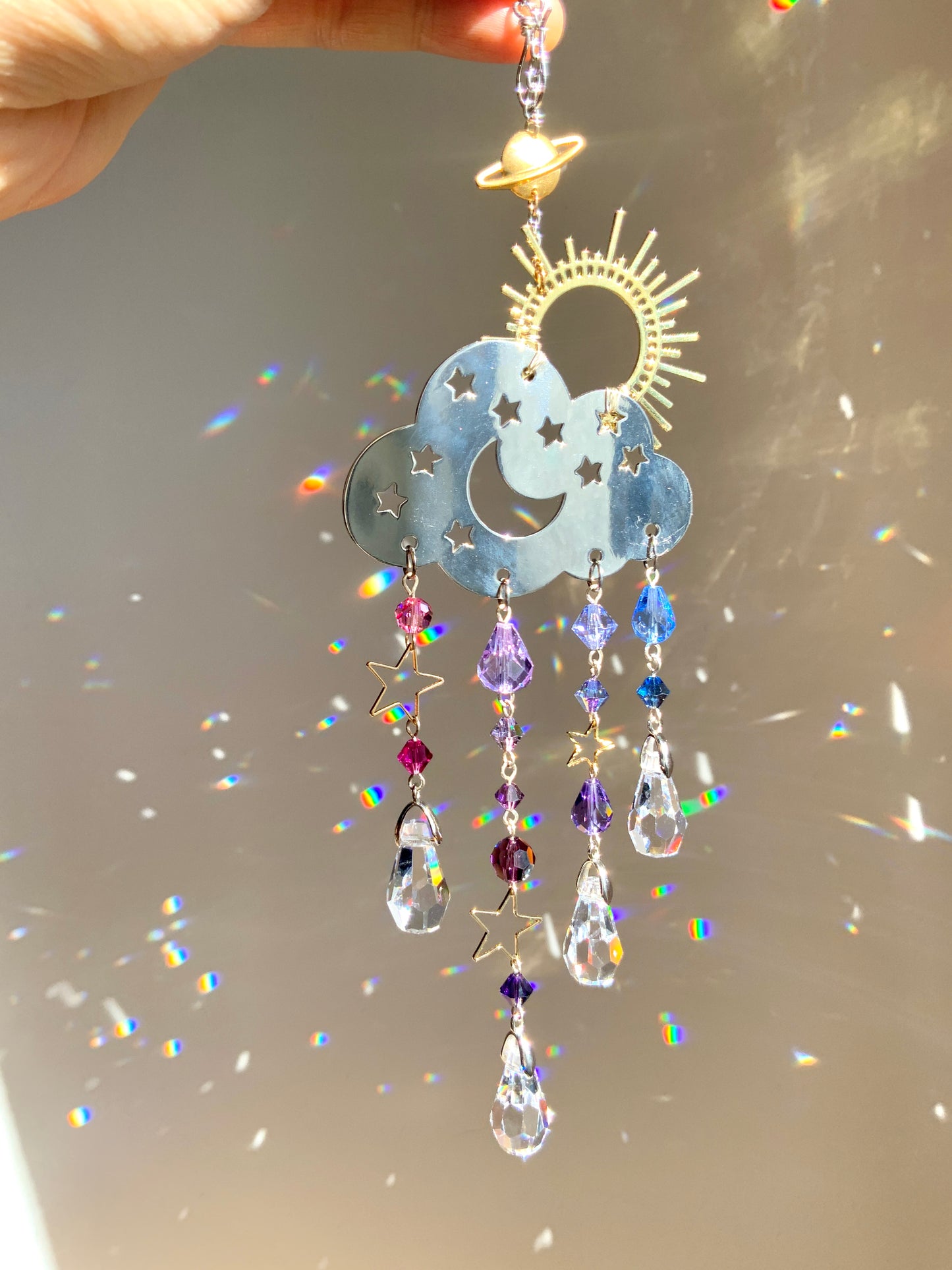 "Sunset Mist" Rain Cloud Car Charm ~ 18k Gold-Plated Sun with ombré Crystal prism Celestial Suncatcher
