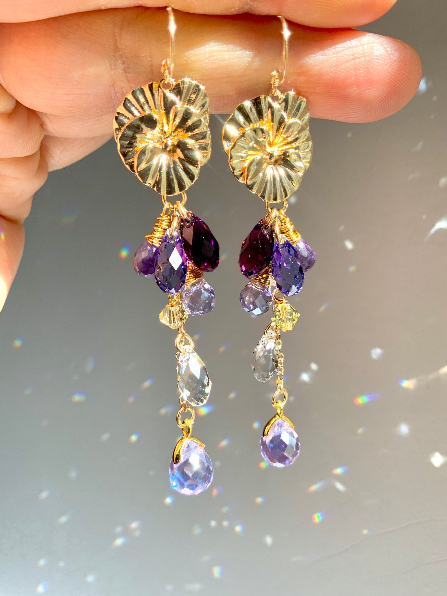 Amethyst Viola / Pansy Waterfall Earrings~ Ombré Purple Lavender Flower Crystal jewelry made of 18k Gold-plated Brass and prisms