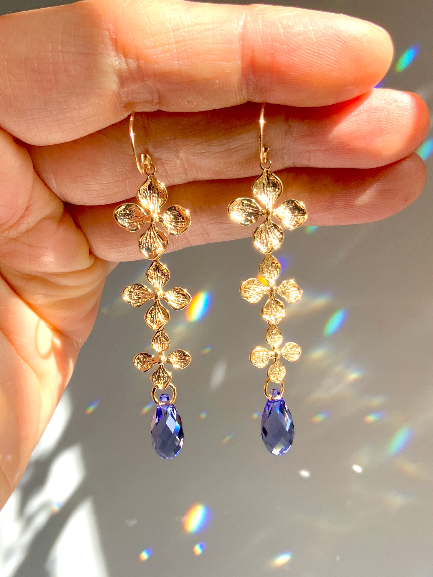 Crystal Prism Hydrangea Earrings~ Choose Your Color, 18k Gold-Plated Flower Suncatcher Jewelry