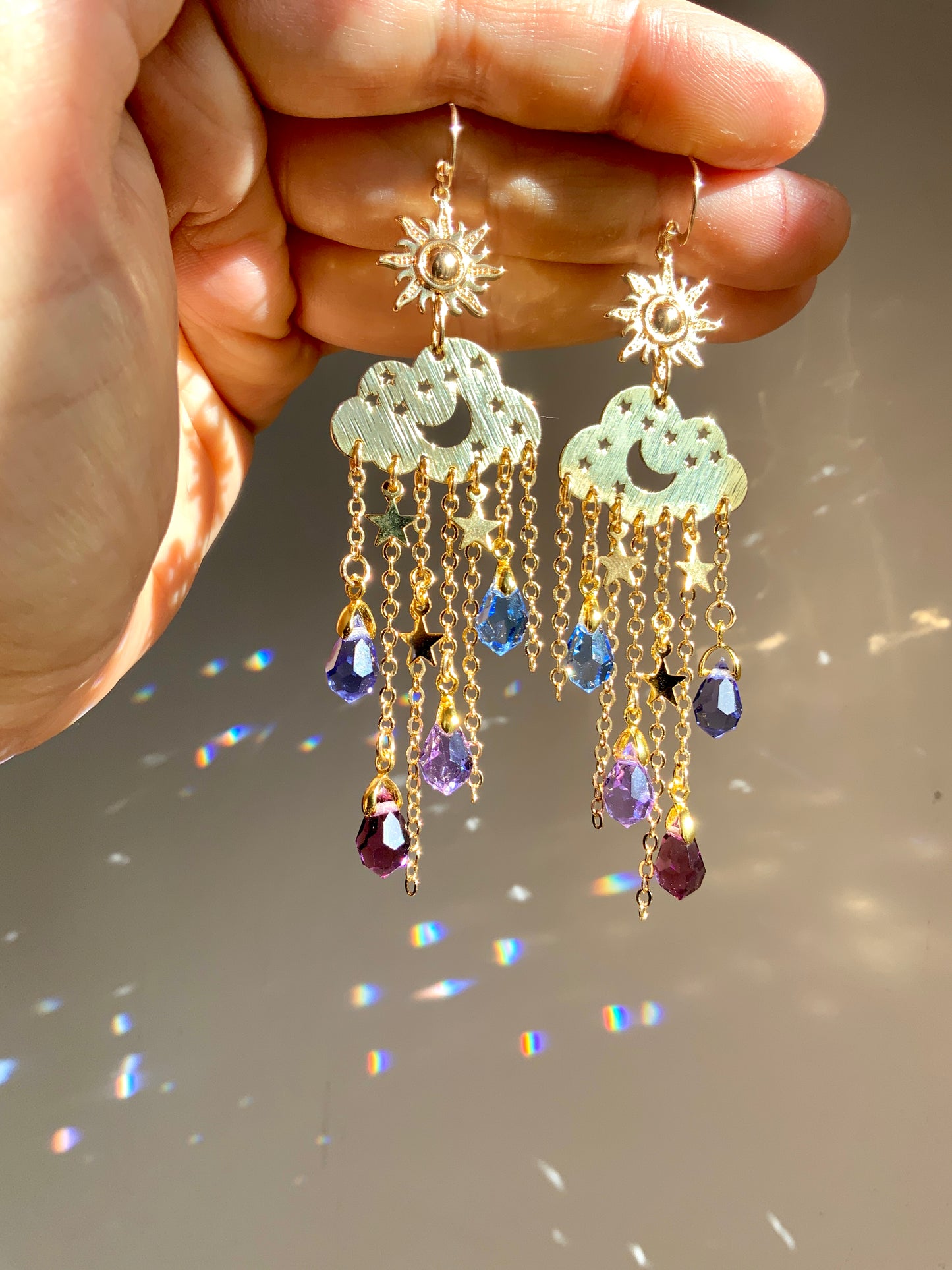 Ombré Purple Blue Crystal Rain Cloud earrings~ 18k Gold-Plated Sun Moon Celestial prism Suncatcher jewelry