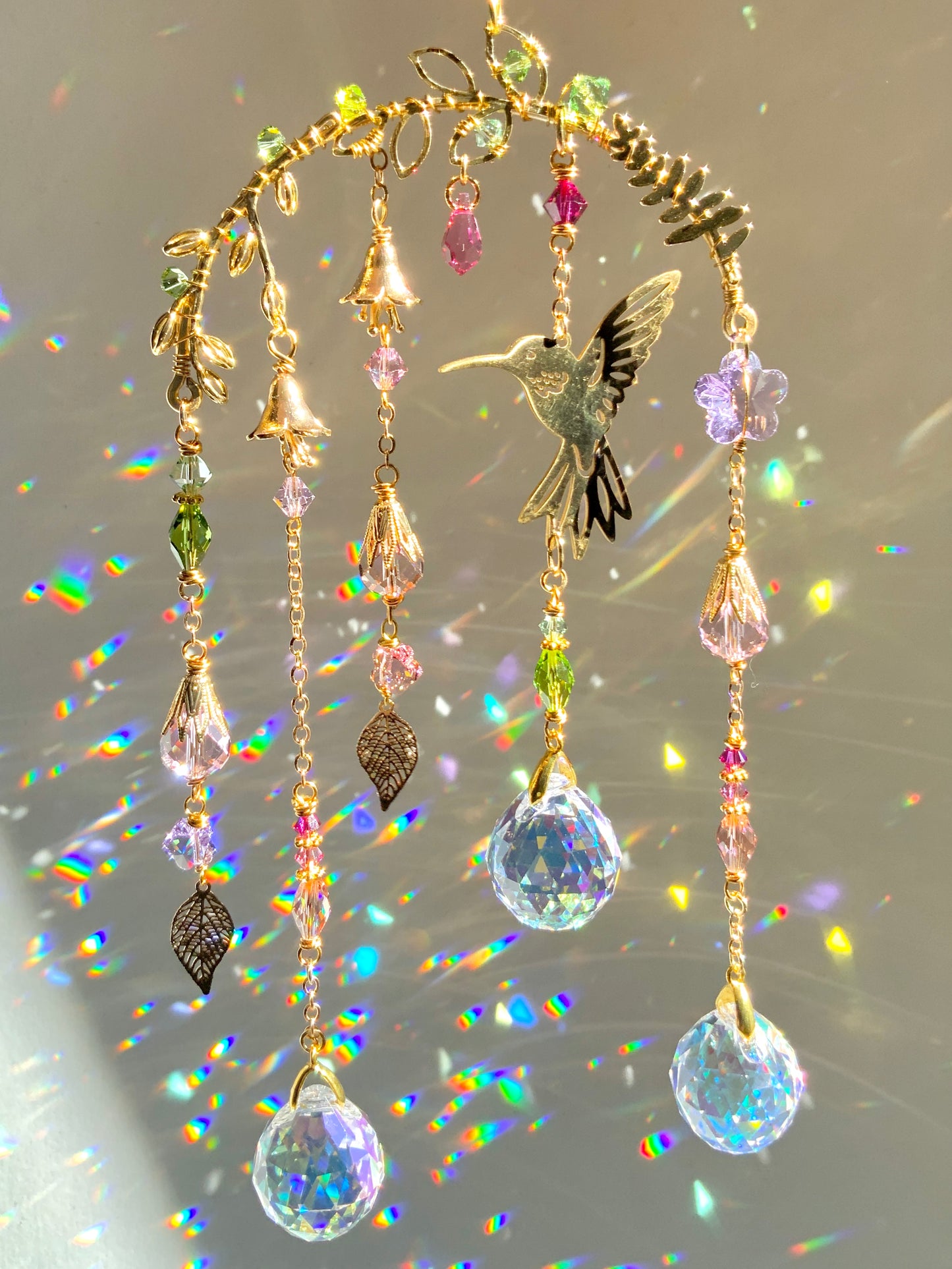 Small Crystal Hummingbird Mobile ~ 18k Gold-plated, Stainless Steel, ombré prisms Suncatcher