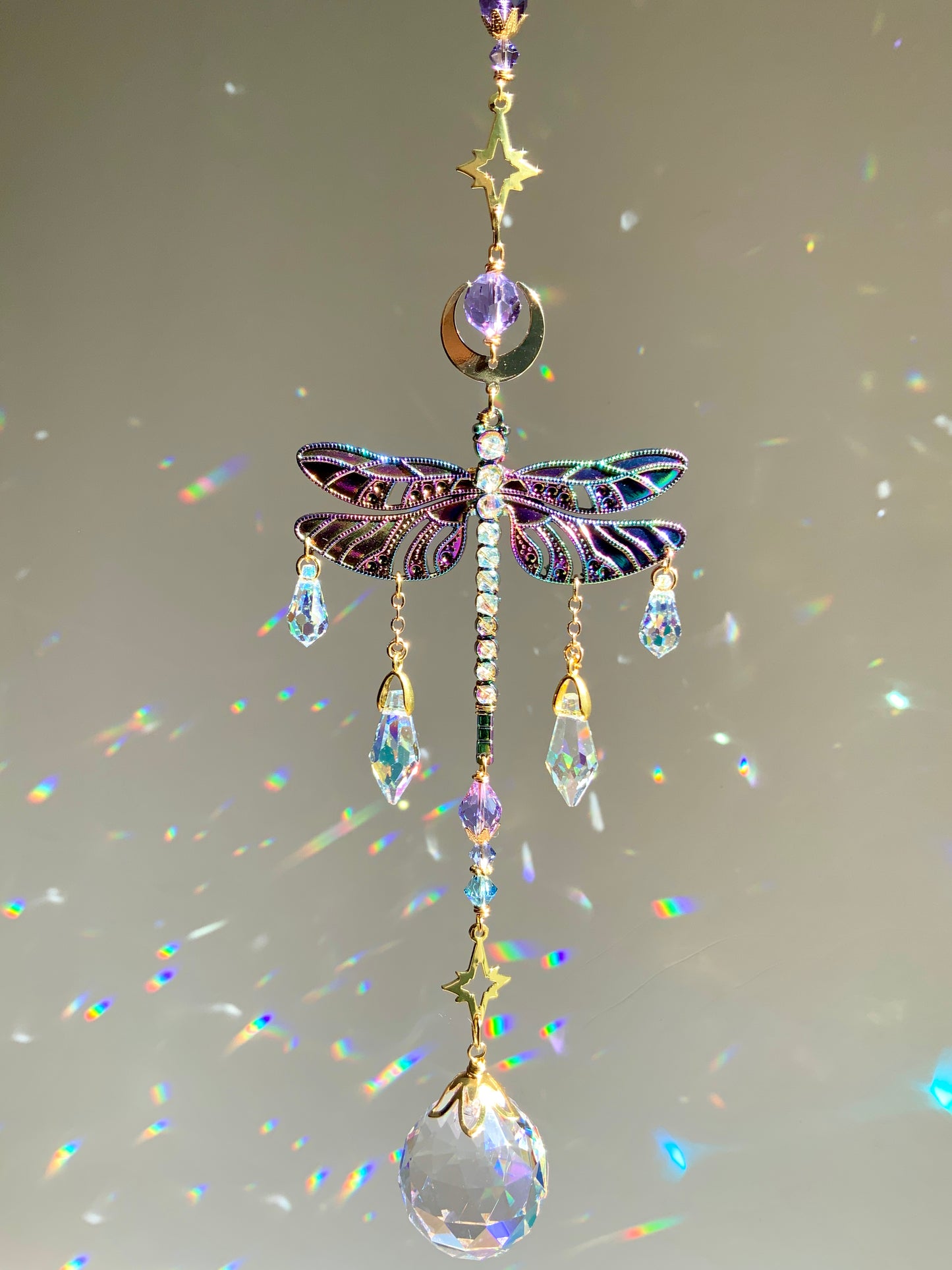 "Eventide" Dragonfly Crystal Ball Suncatcher, Window Charm made with ombré prisms and 18k Gold-Plated Brass