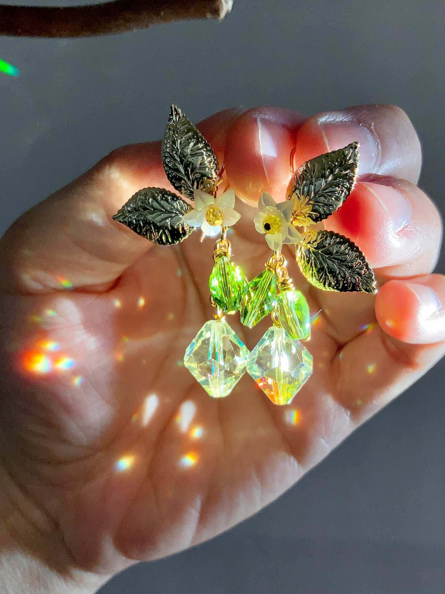 Rare Lemon Blossom Prism Earrings~ Mother of Pearl, Crystal Prisms, 18k Gold-Plated Fruit jewelry