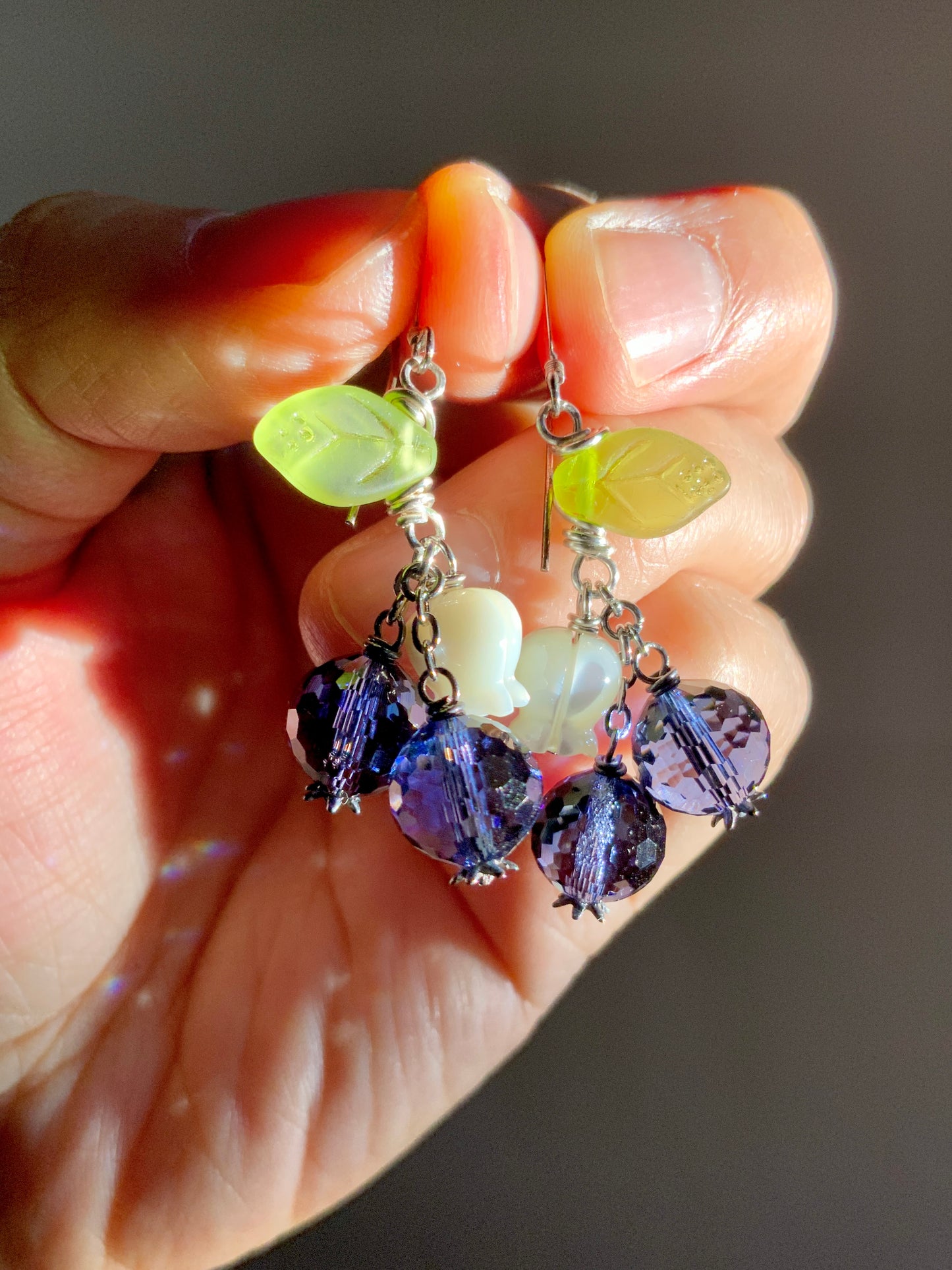 Sparkle Blueberry Blossom Earrings~ Mother of Pearl, Crystal, Sterling Silver or 18k Gold-Plated Fruit jewelry