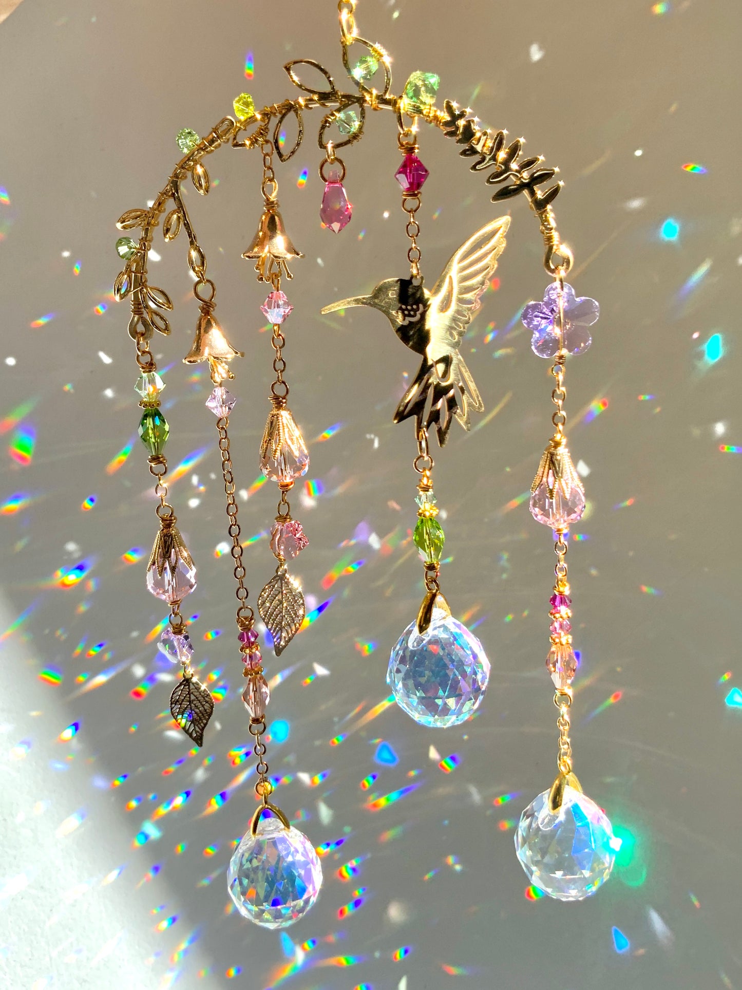 Small Crystal Hummingbird Mobile ~ 18k Gold-plated, Stainless Steel, ombré prisms Suncatcher