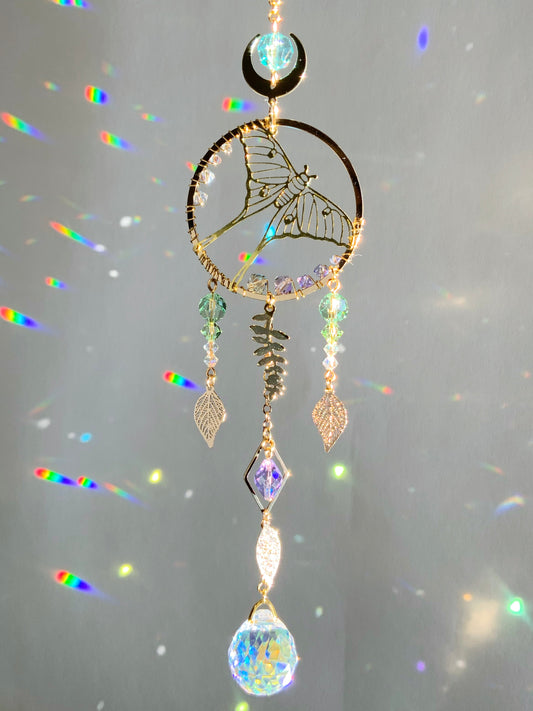 "Flight of the Luna Moth" Car Charm, 18k Gold-Plated Witchy Crystal Celestial Moon Prism suncatcher, rearview mirror hanger