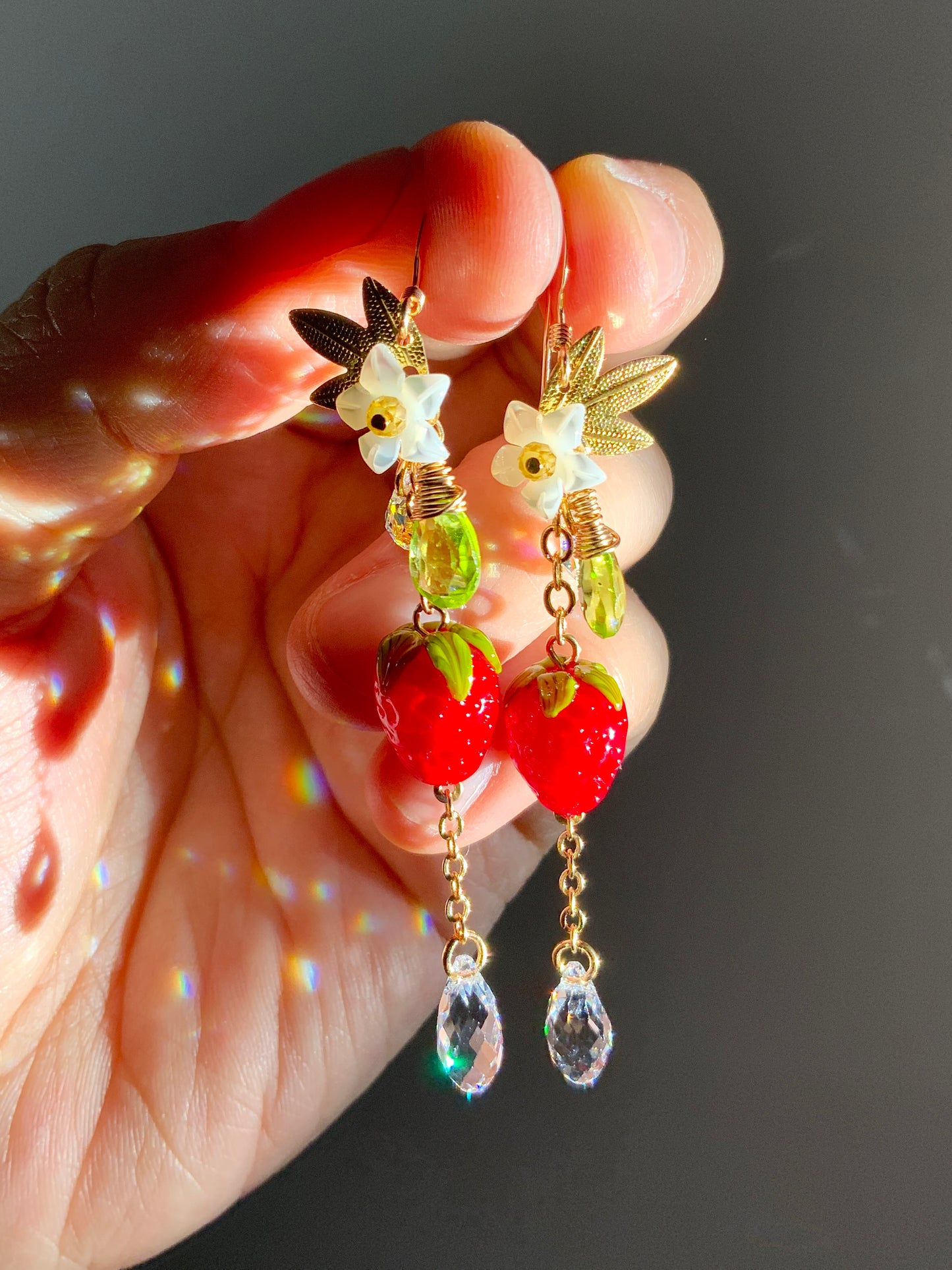 Super Realistic Strawberry Blossom Earrings~ Peridot, Mother of Pearl, Artisan-made Glass, 18k Gold-Plated Crystal Fruit jewelry
