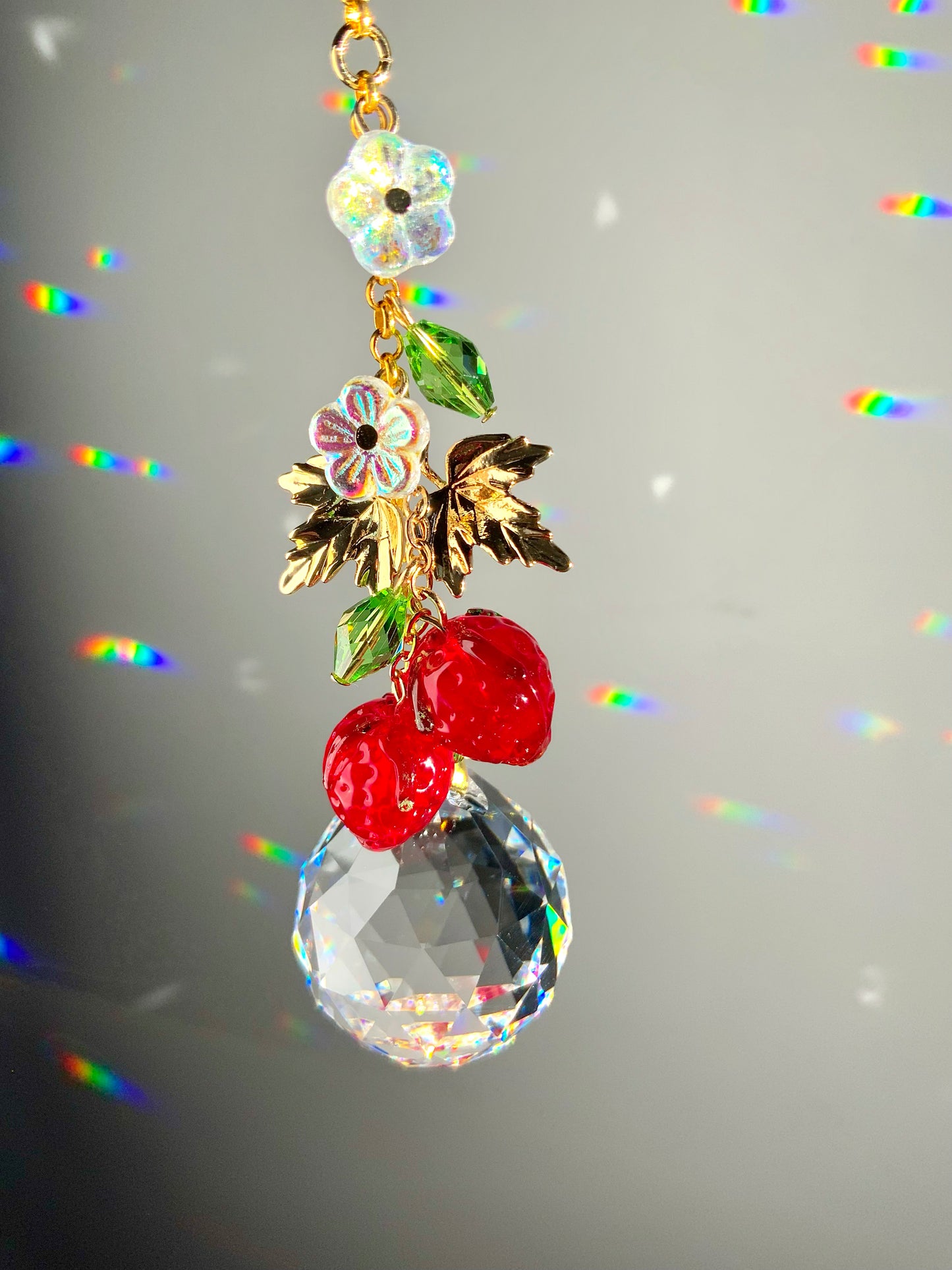 Strawberry Blossom Crystal Car Charm Hanger, 18k Gold-Plated Fruit red berries Suncatcher decor auto decoration accessories
