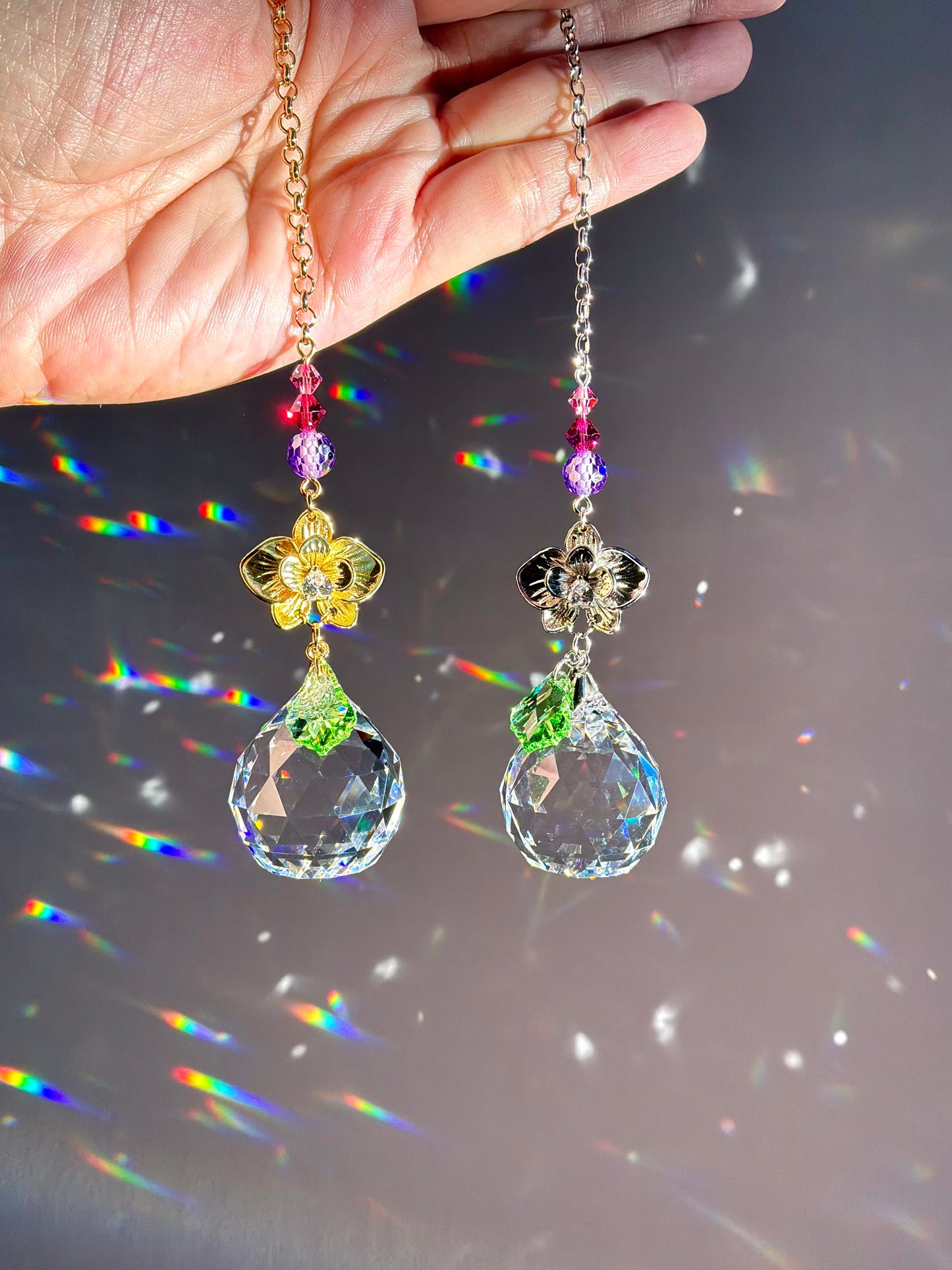 Jeweled Orchid Flower Crystal Car Charm, Floral Prism Suncatcher Purple Pink home decor or accessories