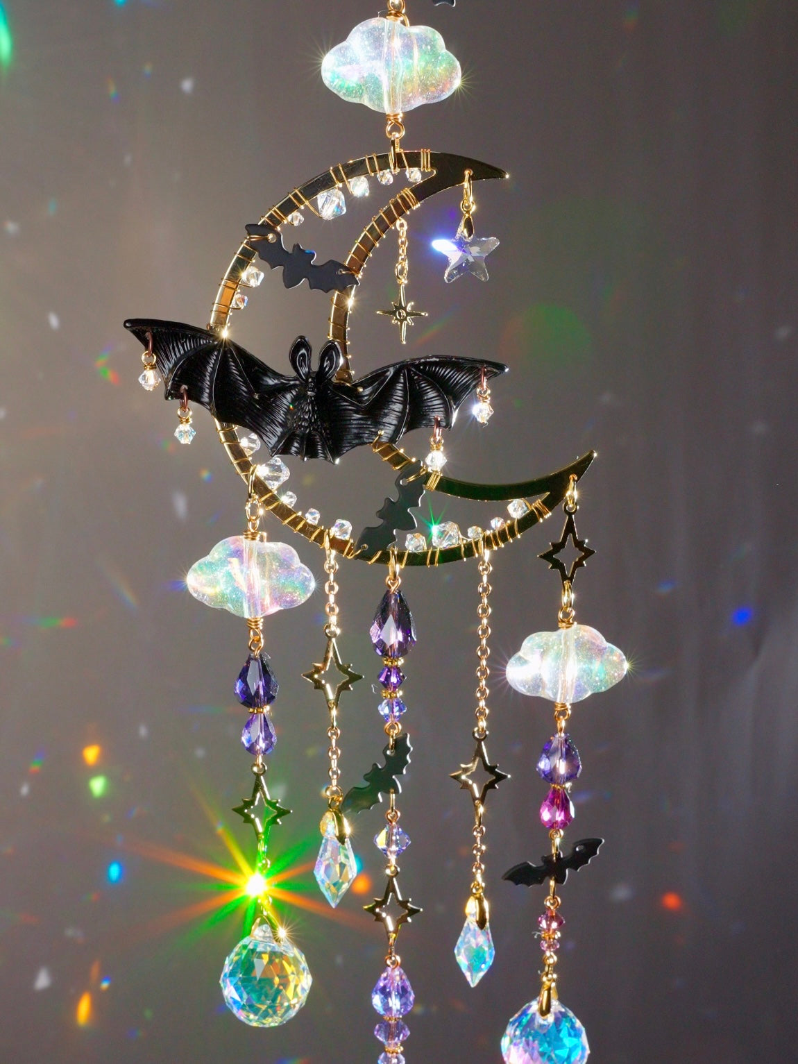 Mother Bat & Babies Goth Halloween Glass Beaded Wind Chime Mobile popular