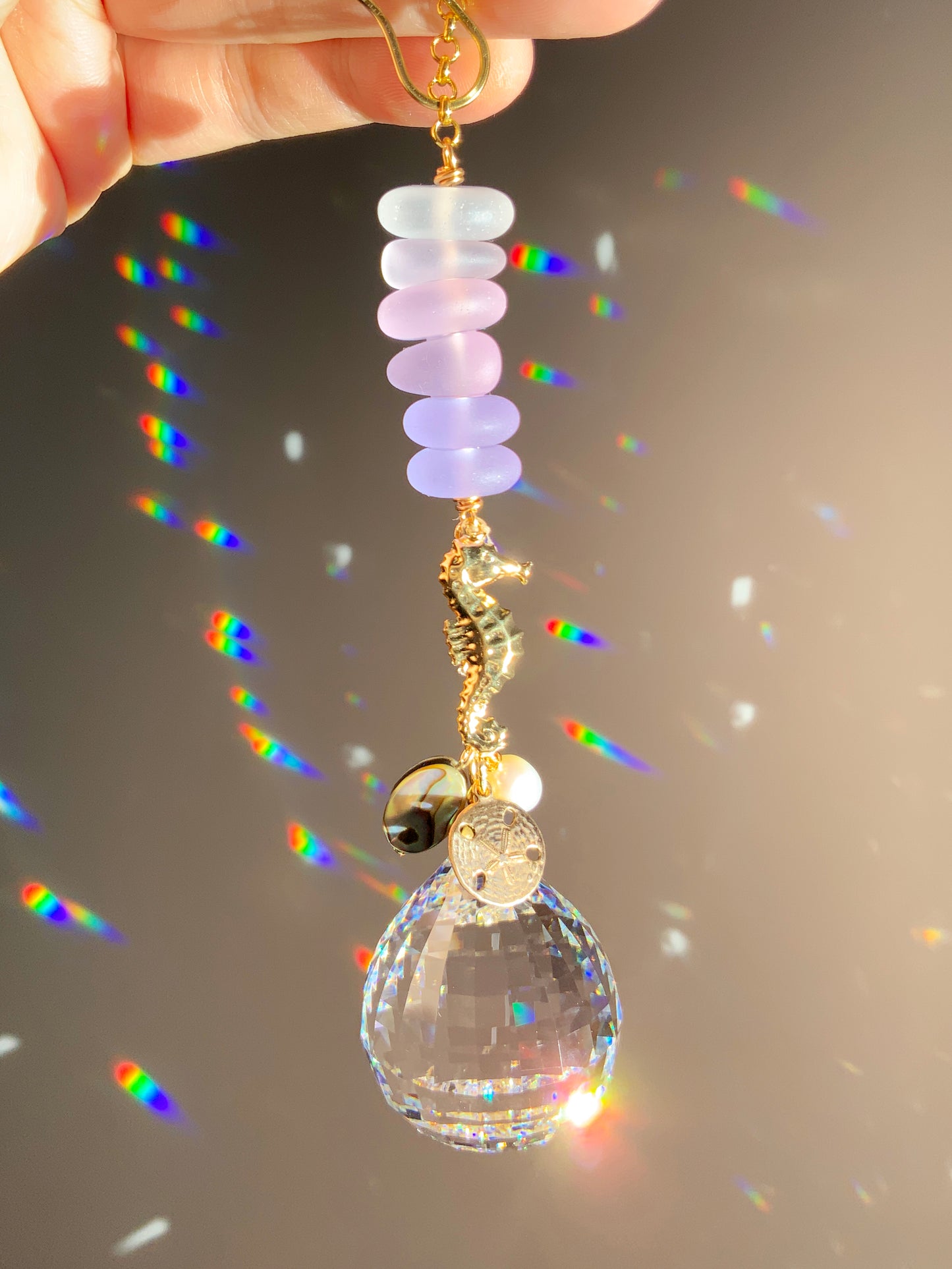 Ombré Sea Glass Starfish Car Charm, with Pearl, Abalone Paua Shell, 18k Gold-Plated Sand Dollar and Seahorse