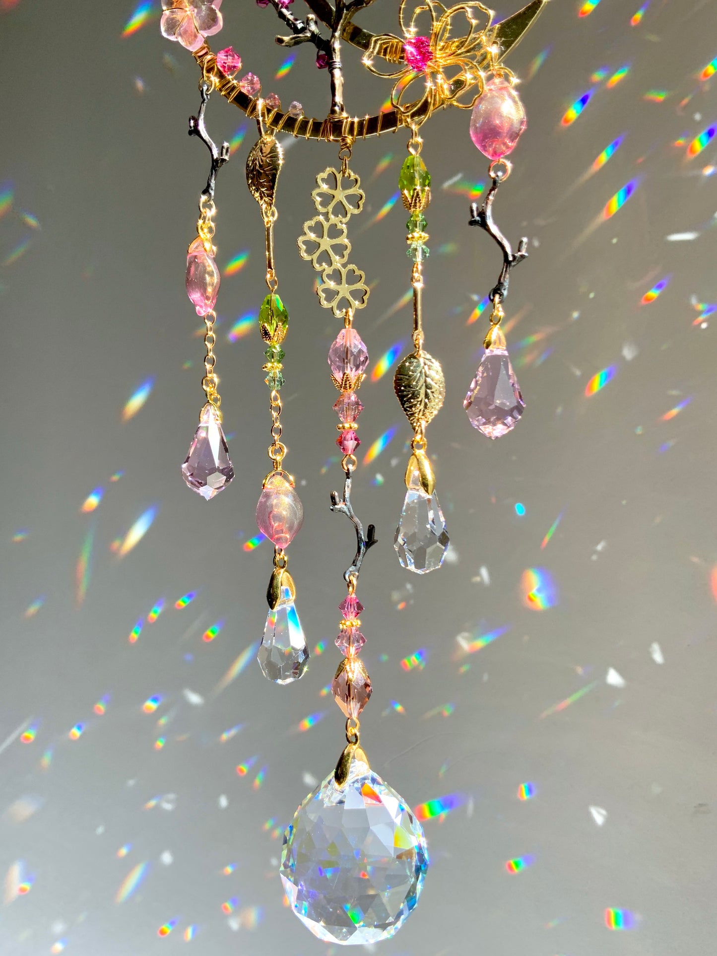 Moonlight Cherry Blossoms Mini Suncatcher ~ 18k Gold-Plated Sakura flower celestial prism room decor rainbow maker