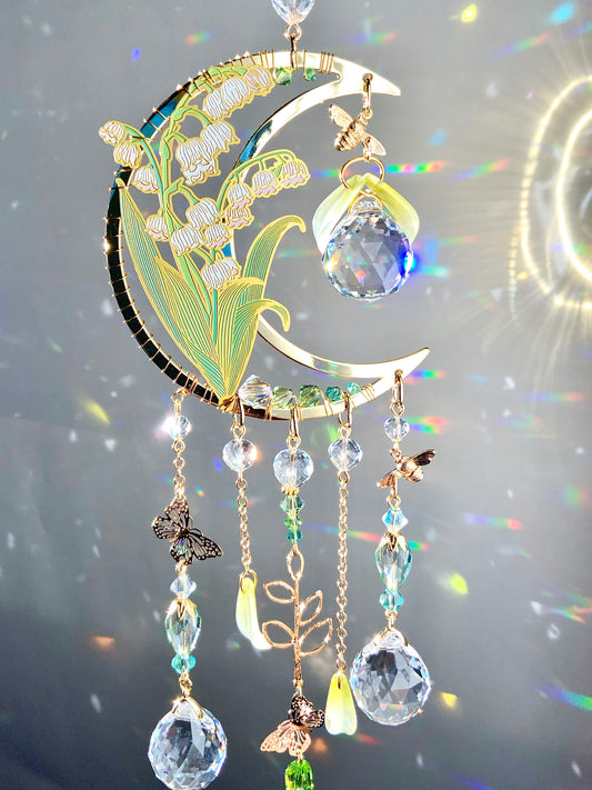 Spring Lily of the Valley Suncatcher, 18k Gold-Plated May Birthflower Crystal Prism Moon Butterfly decor