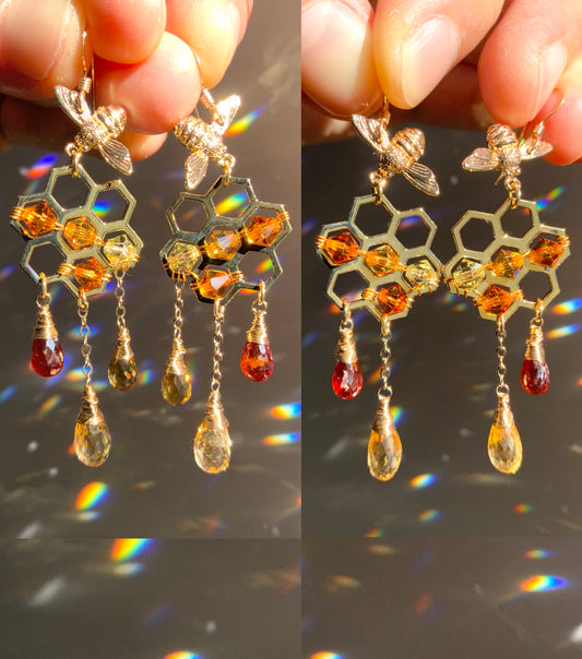 *Limited* Orange Garnet, Citrine, Honey Quartz Honeycomb Bee Earrings with ombré Crystal prisms, 18k Gold-Plated Honeybee