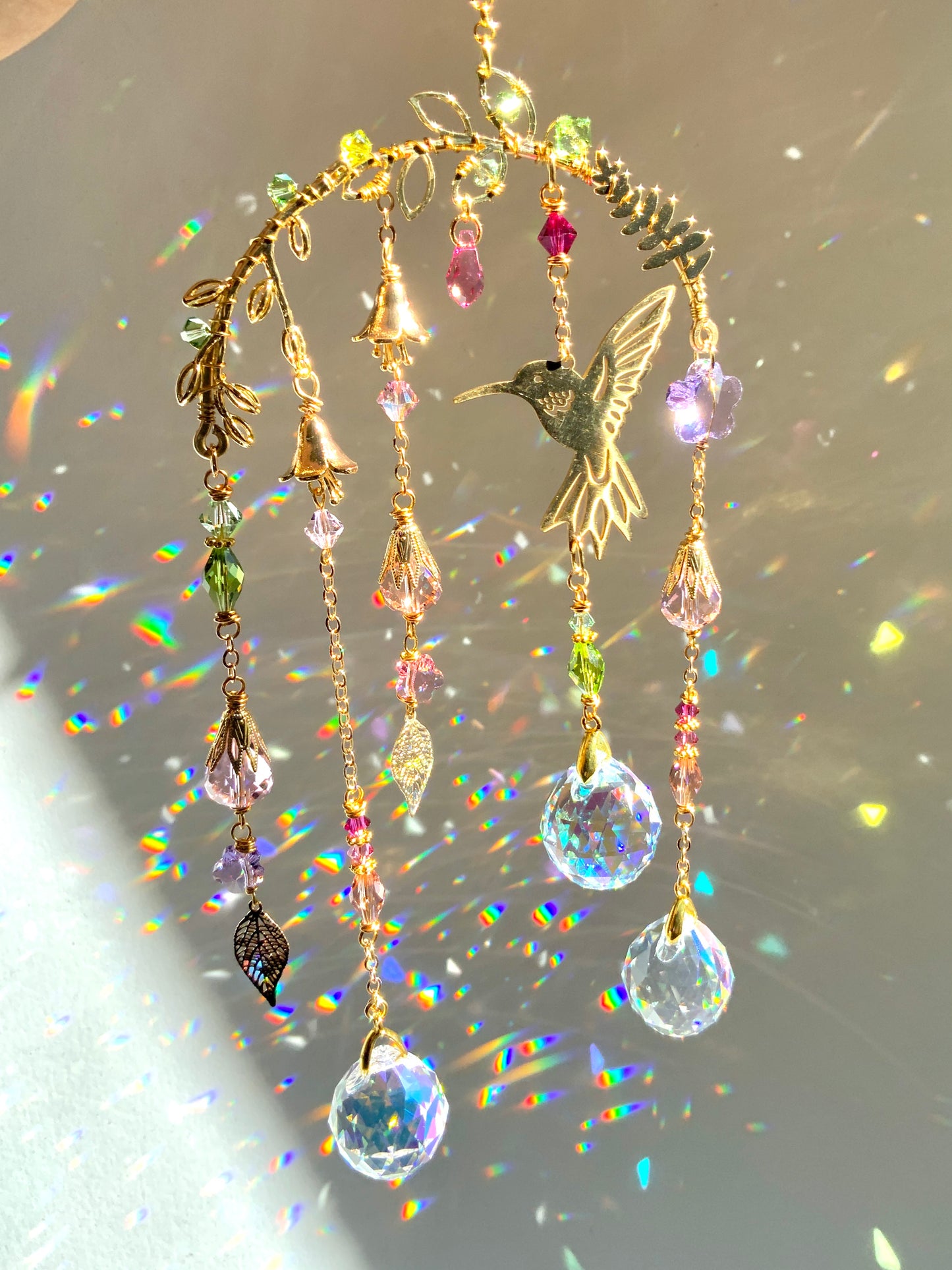 Small Crystal Hummingbird Mobile ~ 18k Gold-plated, Stainless Steel, ombré prisms Suncatcher