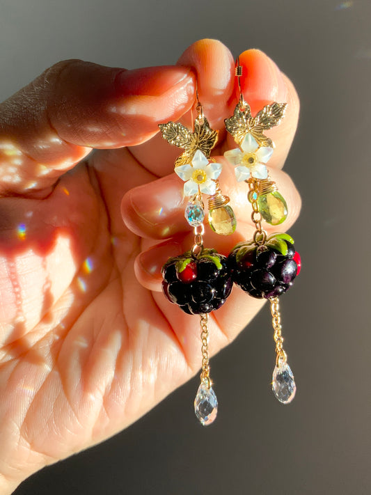 Super Realistic Blackberry Blossom Earrings~ Peridot, Mother of Pearl, Artisan-made Glass, 18k Gold-Plated Crystal Fruit jewelry
