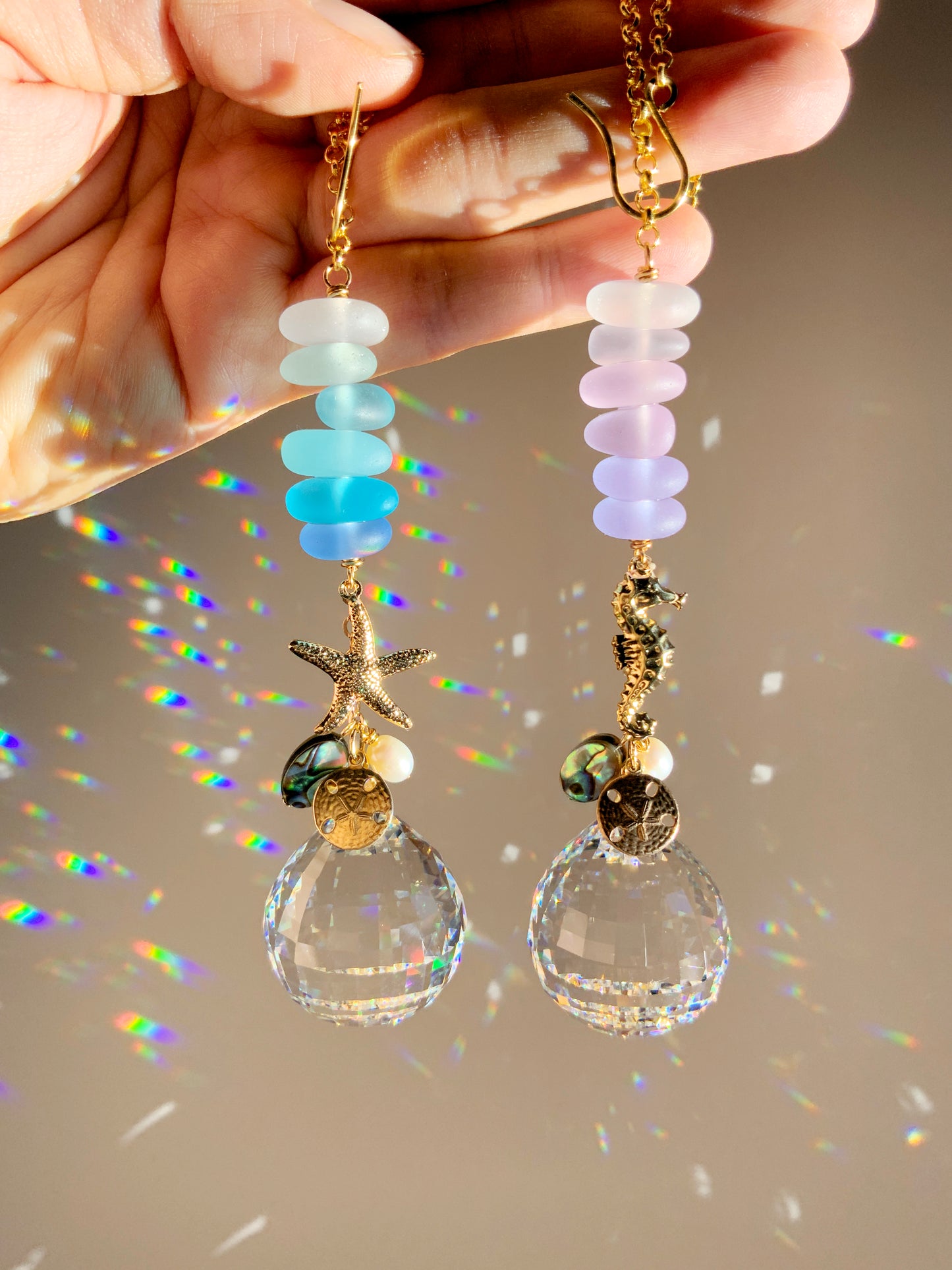 Ombré Sea Glass Starfish Car Charm, with Pearl, Abalone Paua Shell, 18k Gold-Plated Sand Dollar and Seahorse