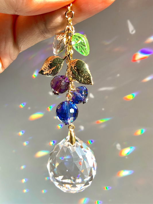 Blueberry Blossom Crystal Rear View Mirror Car Charm, 18k Gold-Plated Fruit berries decor auto decoration accessories