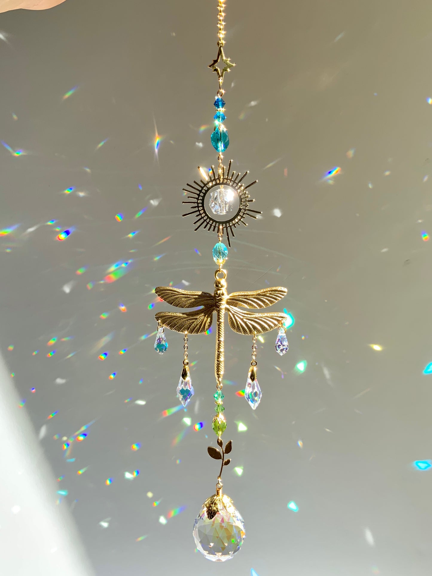 "Horizon" Dragonfly Crystal Ball Suncatcher, 18k Gold-Plated Sun Window Charm with ombré prisms