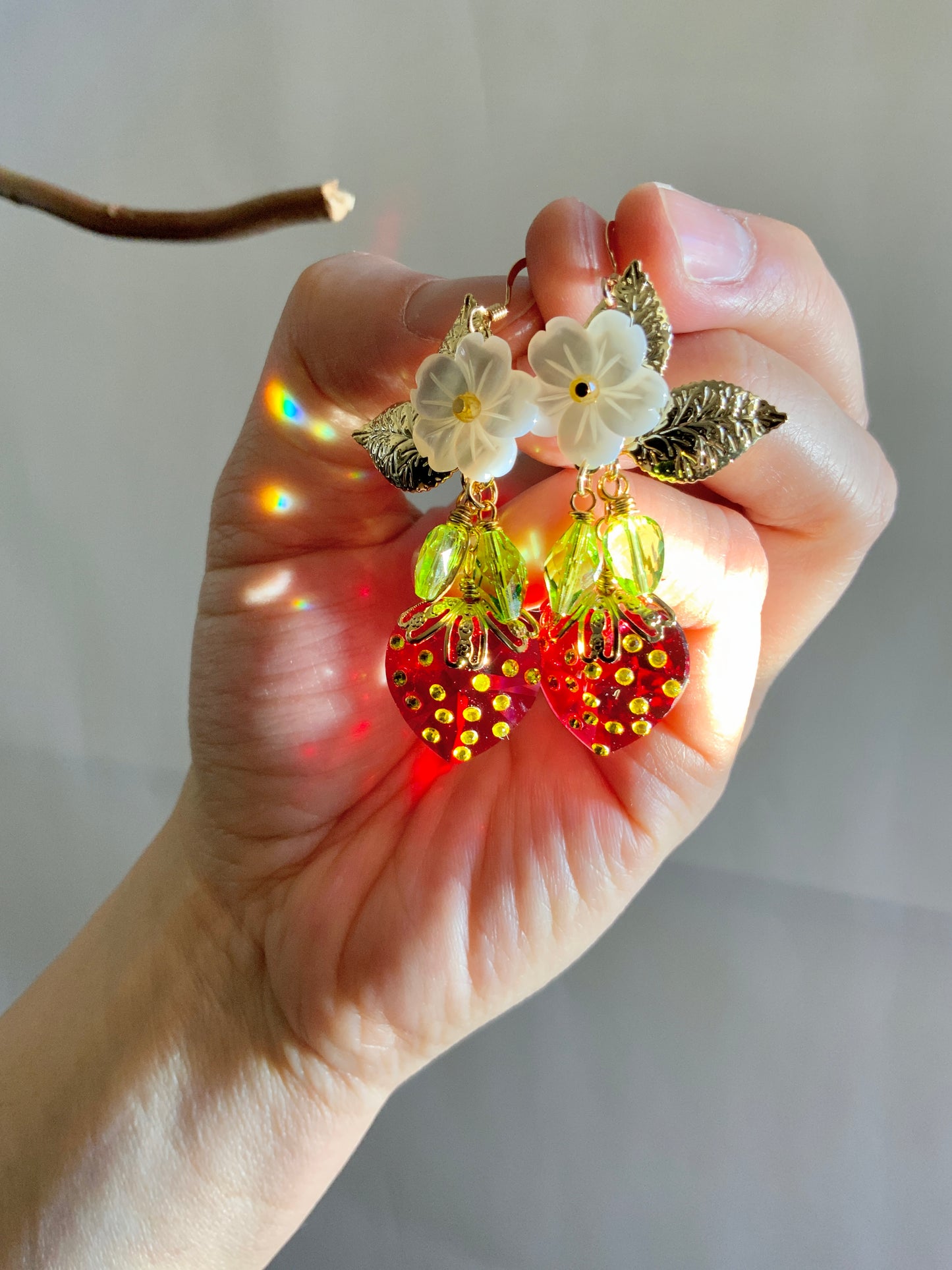 Large Prism Strawberry Blossom Earrings~ Mother of Pearl, Crystal Prisms, 18k Gold-Plated Fruit jewelry