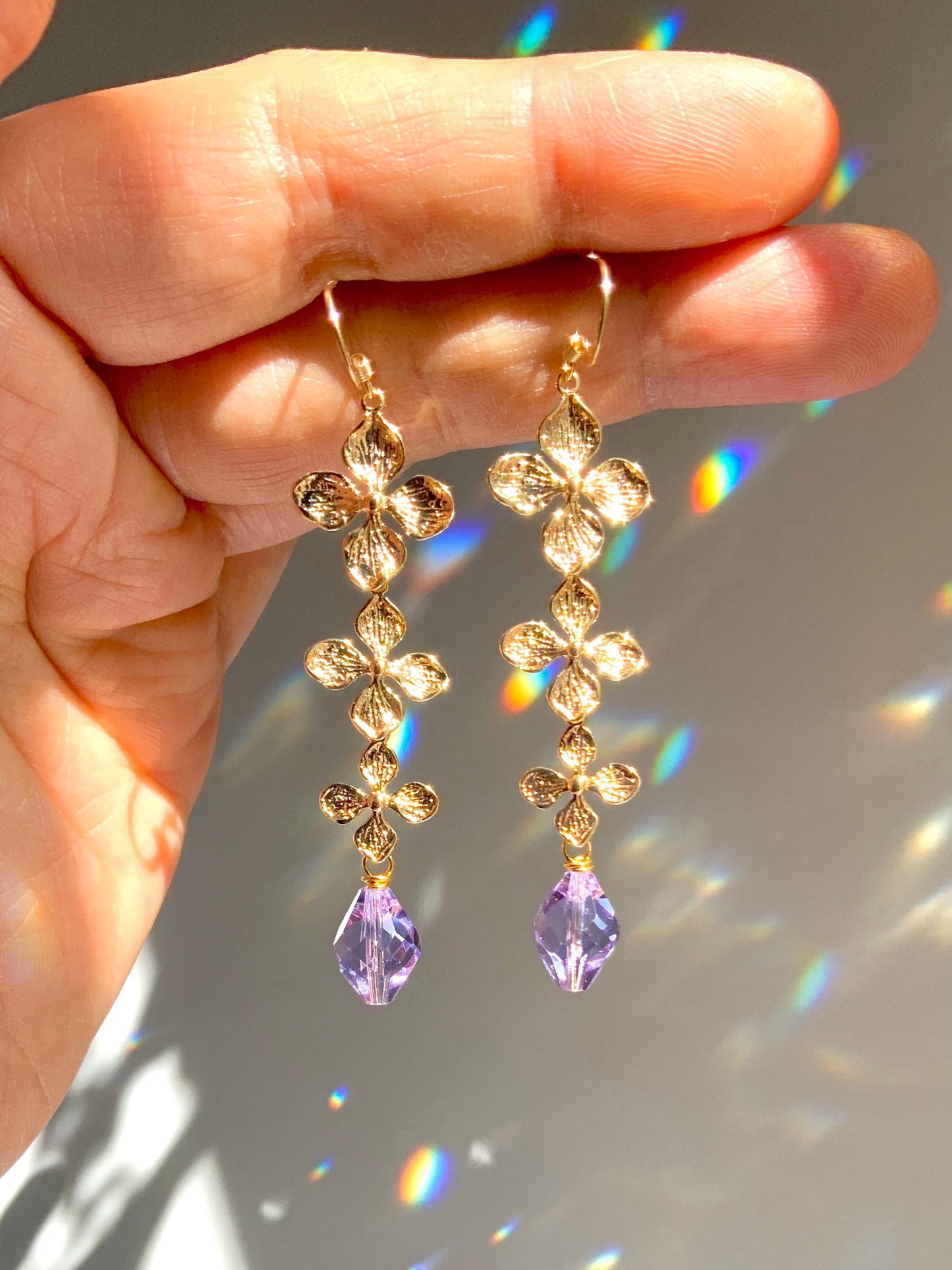 Crystal Prism Hydrangea Earrings~ Choose Your Color, 18k Gold-Plated Flower Suncatcher Jewelry