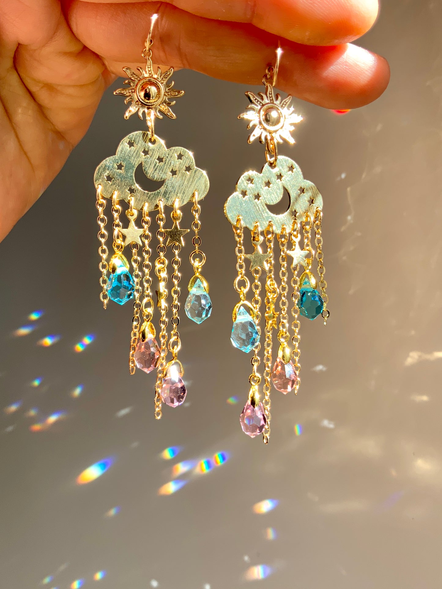 Ombré Sunrise Crystal Rain Cloud earrings~ 18k Gold-Plated Sun Moon Celestial prism Suncatcher jewelry