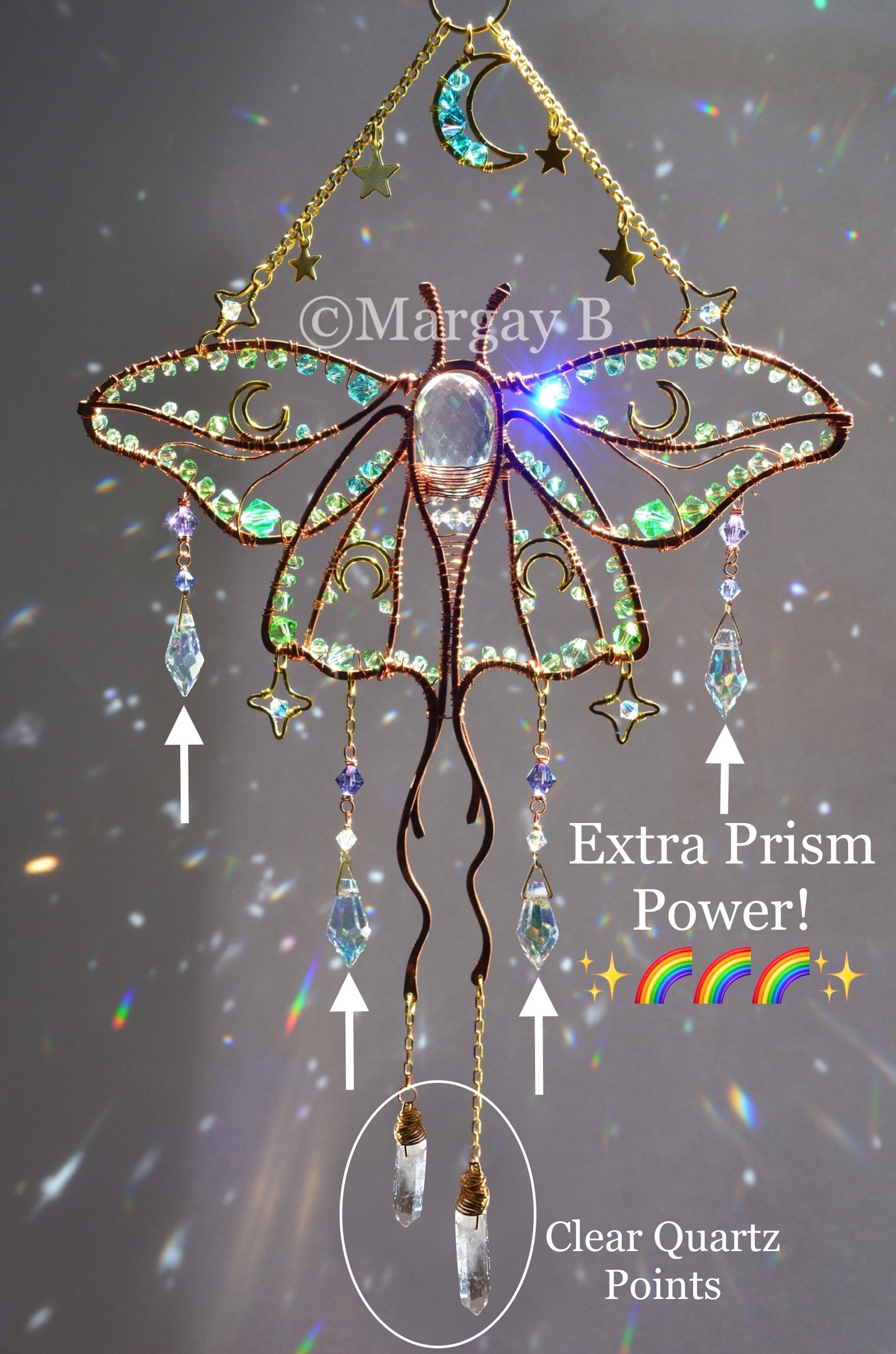 Luna Moth Moon Stars Suncatcher, boho witchy room decor rainbow maker Moth Necklace with raw crystal points