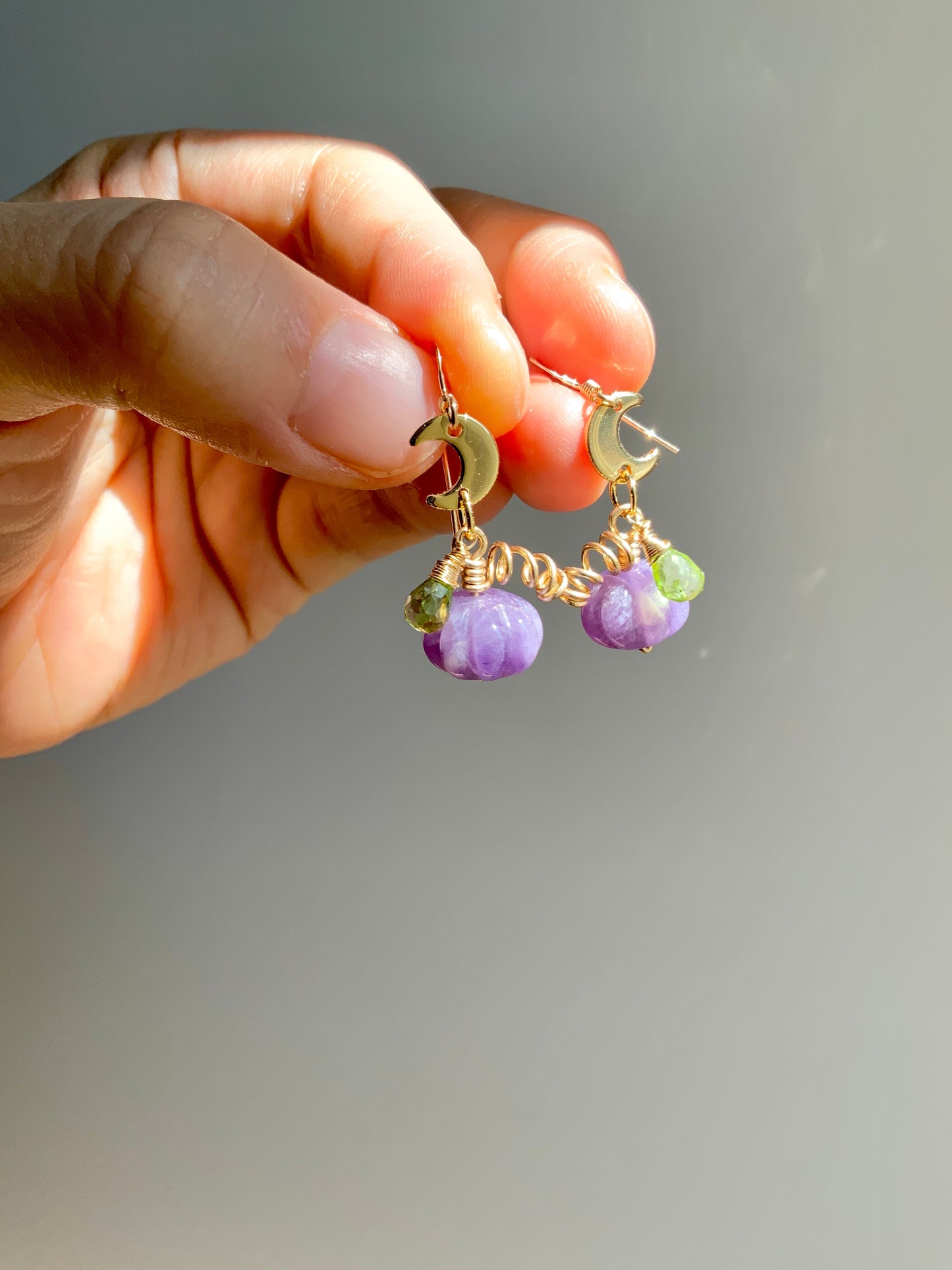 Amethyst Peridot Pumpkin earrings ~ Gemstone 14k Gold-Filled witchy Halloween spoopy magical jewelry