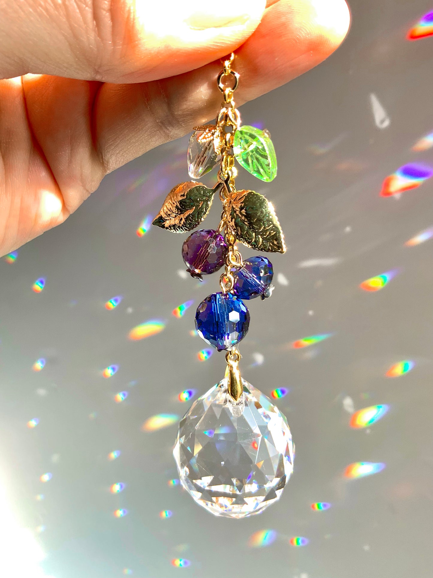 Blueberry Blossom Crystal Rear View Mirror Car Charm, 18k Gold-Plated Fruit berries decor auto decoration accessories
