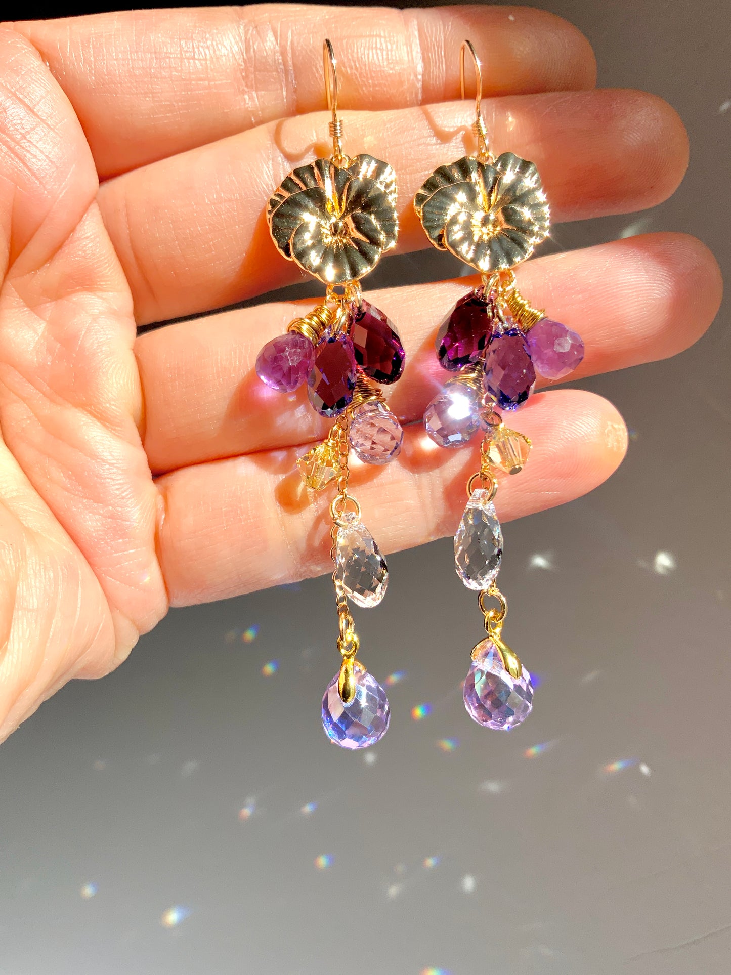 Amethyst Viola / Pansy Waterfall Earrings~ Ombré Purple Lavender Flower Crystal jewelry made of 18k Gold-plated Brass and prisms