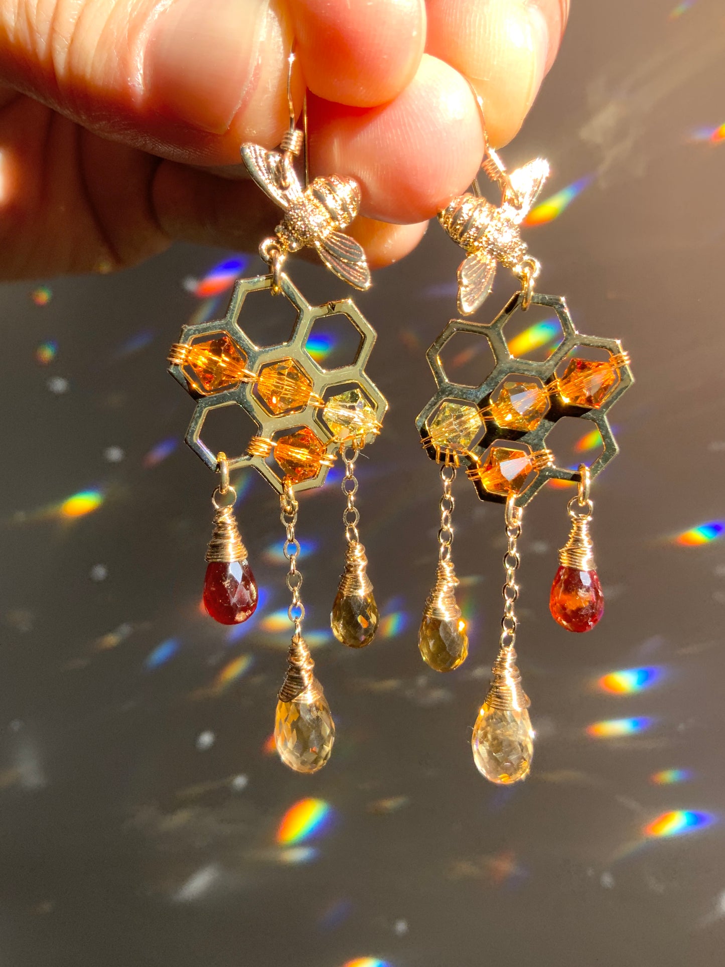 *Limited* Orange Garnet, Citrine, Honey Quartz Honeycomb Bee Earrings with ombré Crystal prisms, 18k Gold-Plated Honeybee