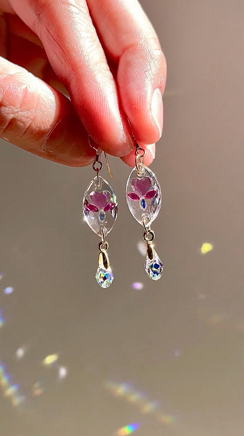 Prism Jewel Earrings~ XSmall Marquise Bleeding Heart Flower, made with rare/discontinued crystals— Choose Your Metal
