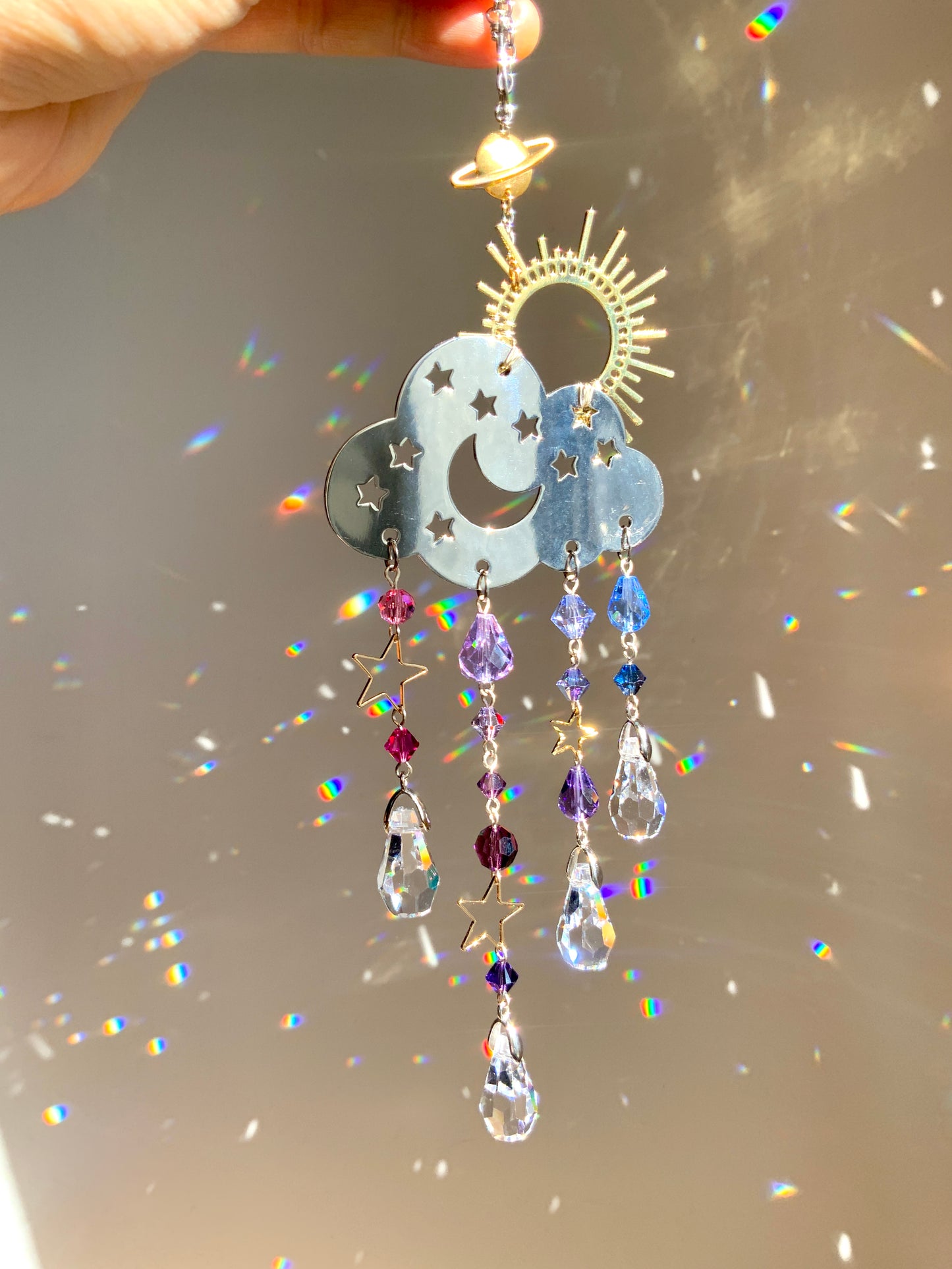 "Sunset Mist" Rain Cloud Car Charm ~ 18k Gold-Plated Sun with ombré Crystal prism Celestial Suncatcher