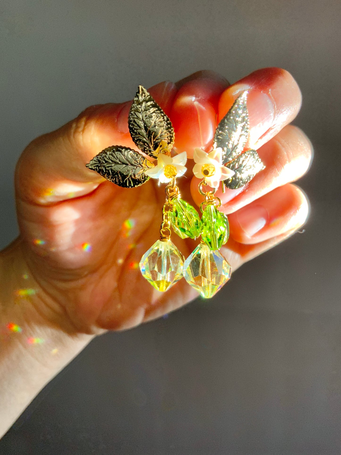 Rare Lemon Blossom Prism Earrings~ Mother of Pearl, Crystal Prisms, 18k Gold-Plated Fruit jewelry