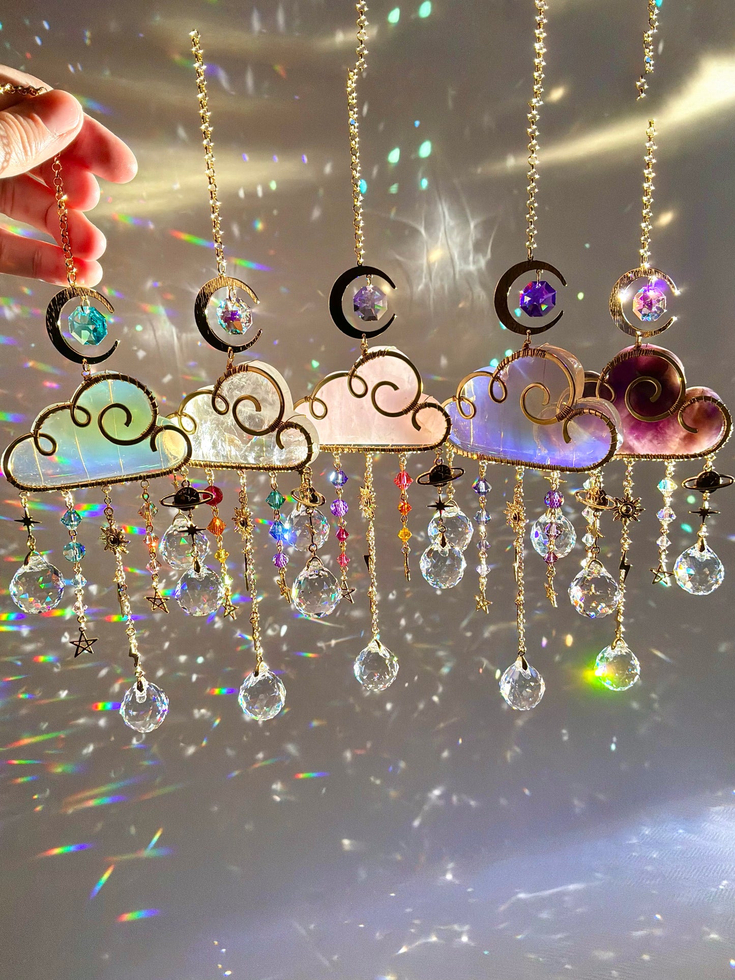 Large Gemstone Rain Cloud Suncatchers ~ 18k Gold-Plated or Stainless Steel, Clear/ Rose Quartz, Purple Opalite, Amethyst with Crystal Prisms