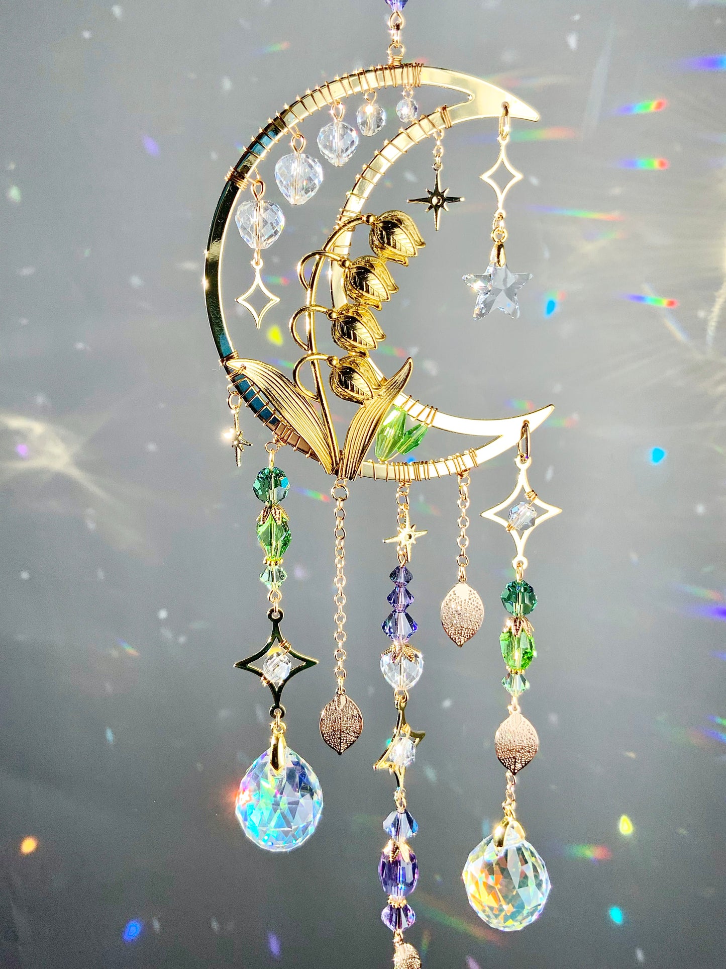 Mystic Lily of the Valley Suncatcher, 18k Gold-Plated May Birthflower Crystal Prism Moon Butterfly decor