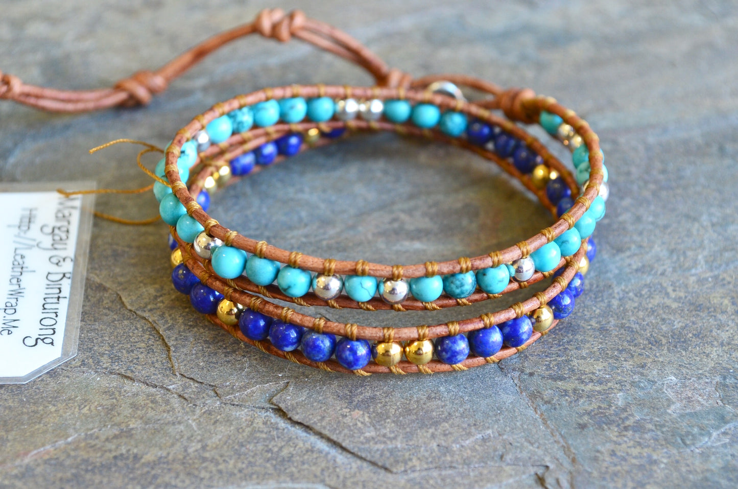 *Clearance* OG MargayB Gemstone Leatherwrap Bracelets, naturally dyed Leather made in USA