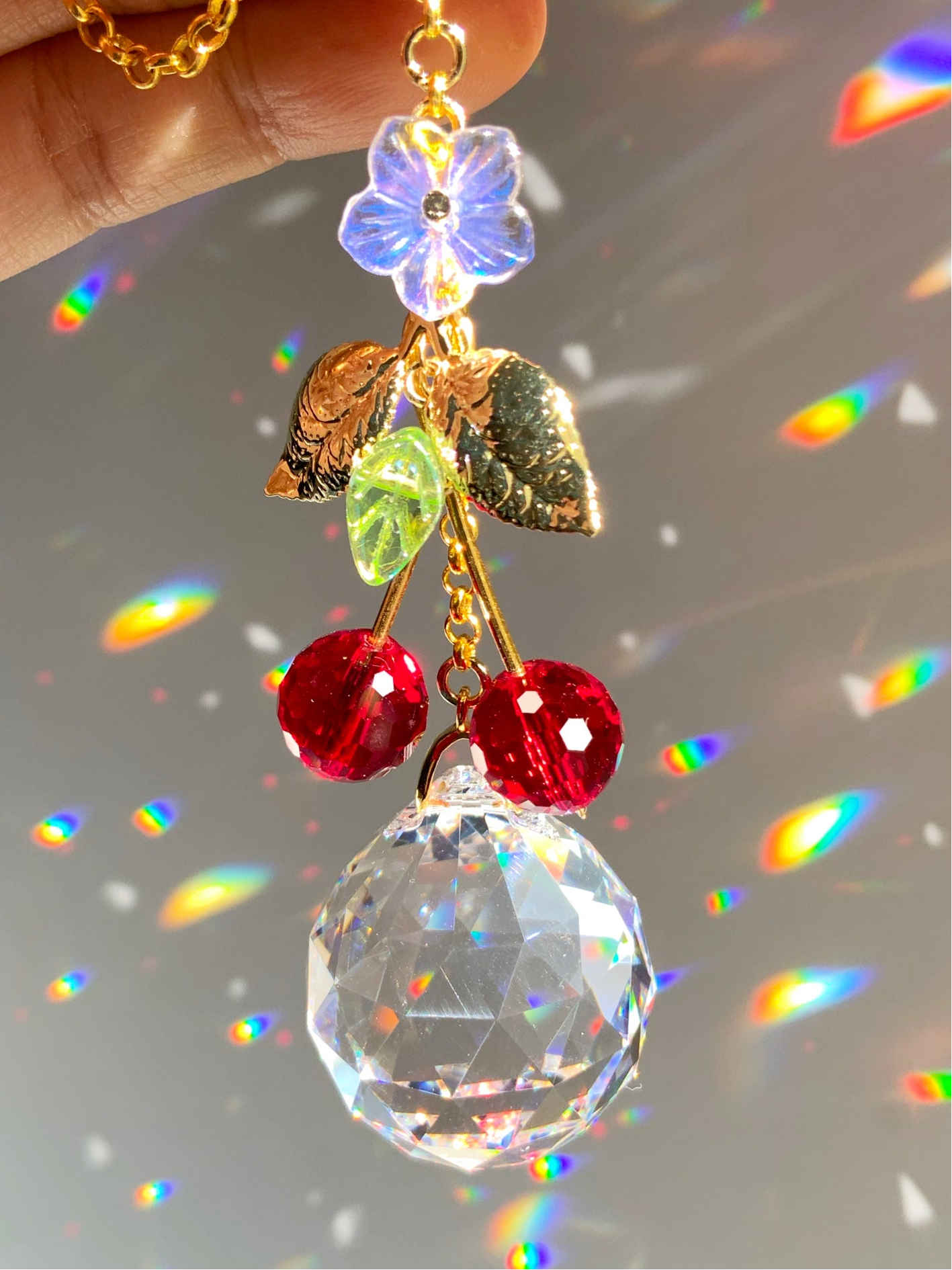 Crystal Cherries Rear View Mirror Car Charm, 18k Gold-Plated Red Fruit decor auto decoration accessories