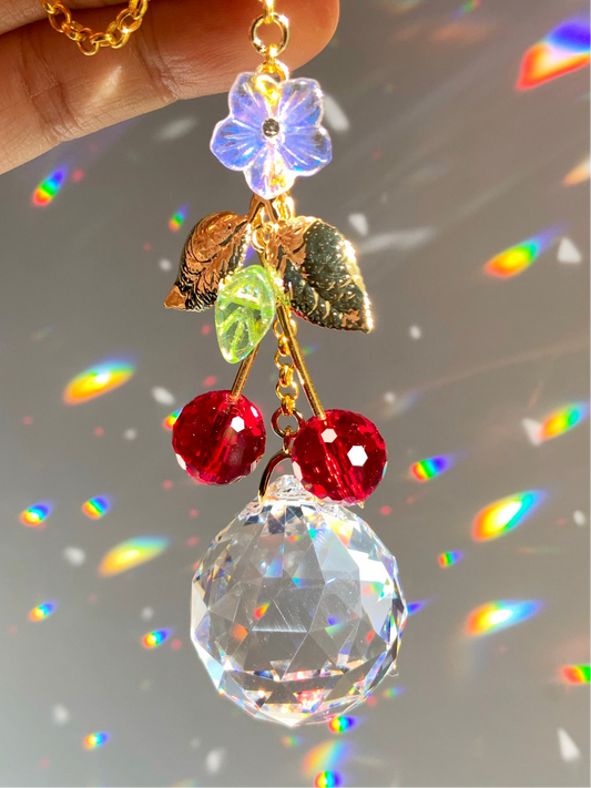 Crystal Cherries Rear View Mirror Car Charm, 18k Gold-Plated Red Fruit decor auto decoration accessories