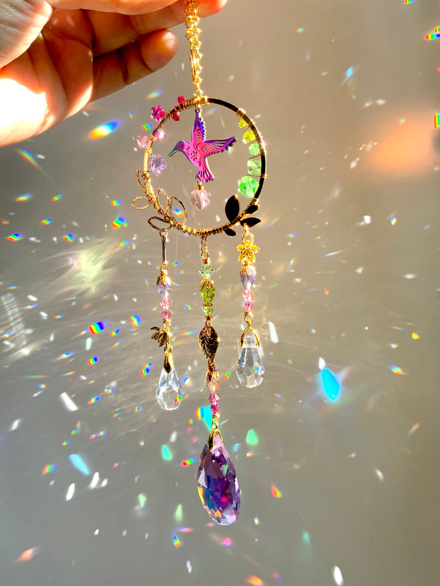 Hummingbird Car Charm ~ 18k Gold-plated, Stainless Steel, and ombré Crystal prisms for car mirror accessories