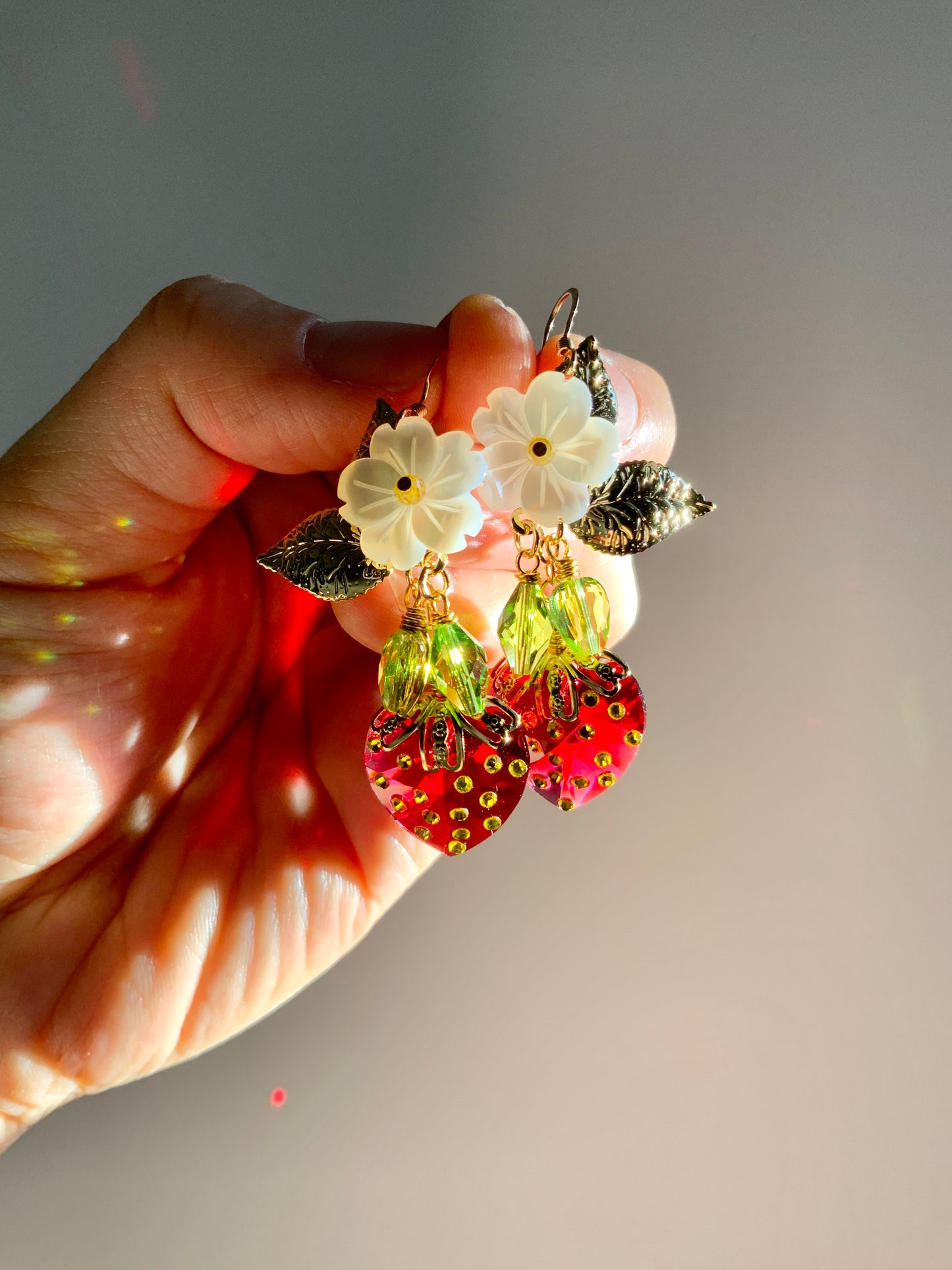 Large Prism Strawberry Blossom Earrings~ Mother of Pearl, Crystal Prisms, 18k Gold-Plated Fruit jewelry