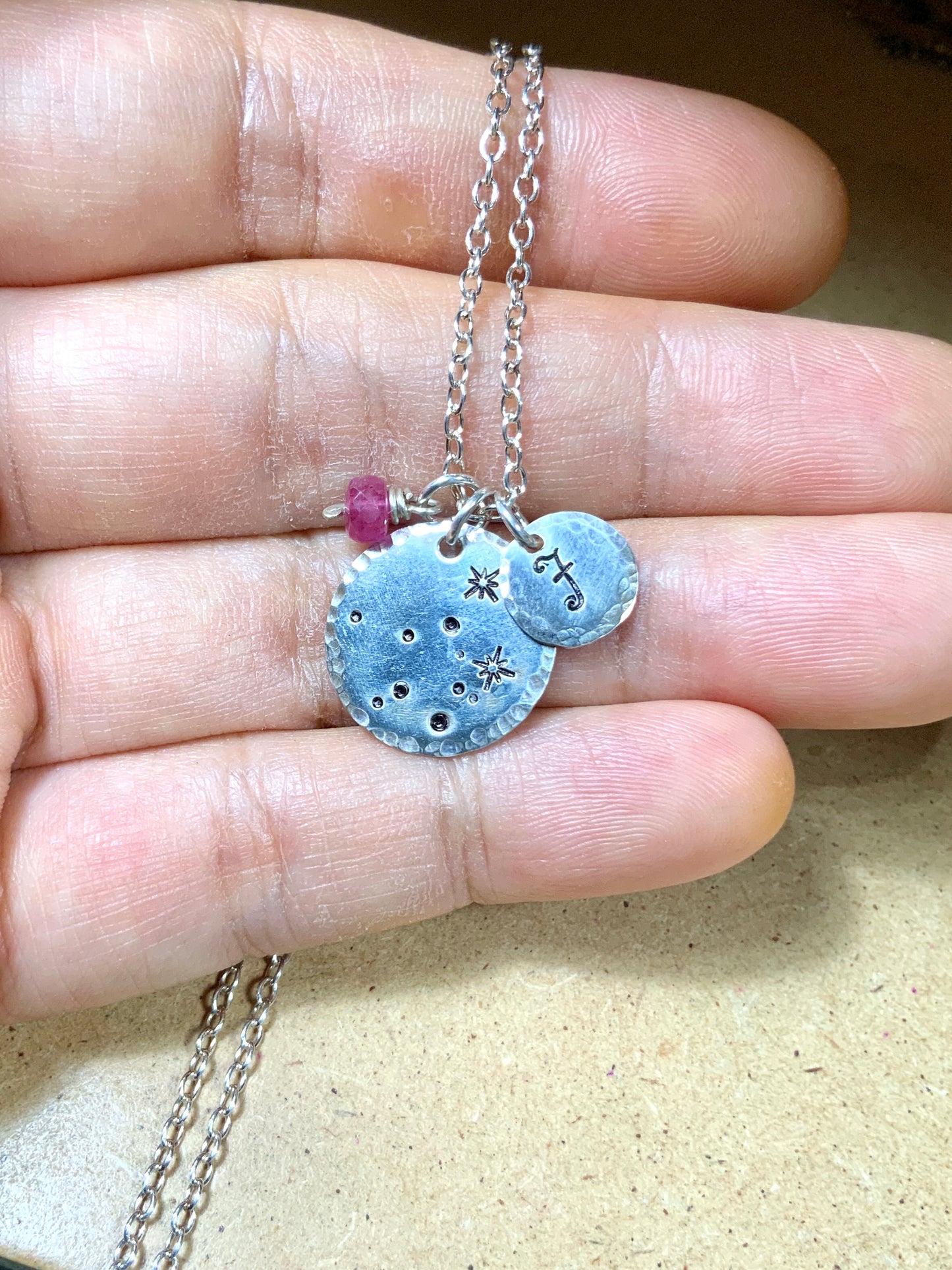 The "I’m too lazy" Destash— Sterling Silver Virgo Constellation w/ Pink Sapphire Birthstone and "F" initial