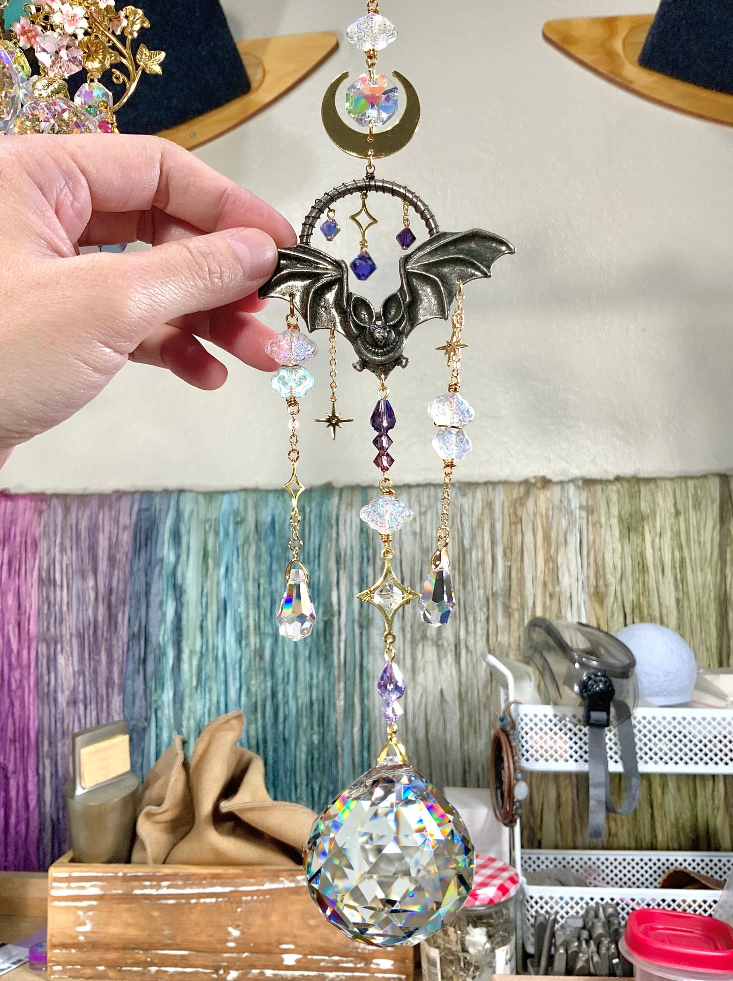 "Night Flight" Bat Mini Suncatcher, 18k Gold-Plated Moon Starry Night Clouds Crystal prisms, spooky Halloween Suncatchers
