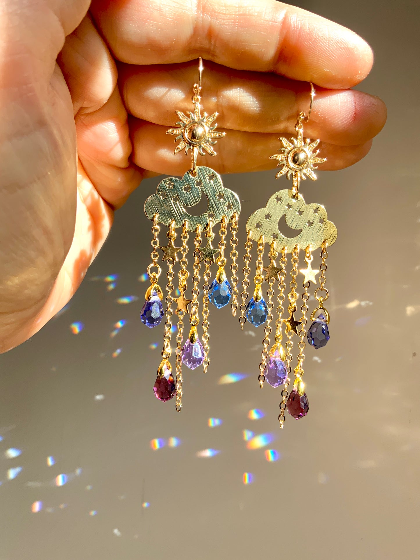 Ombré Purple Blue Crystal Rain Cloud earrings~ 18k Gold-Plated Sun Moon Celestial prism Suncatcher jewelry