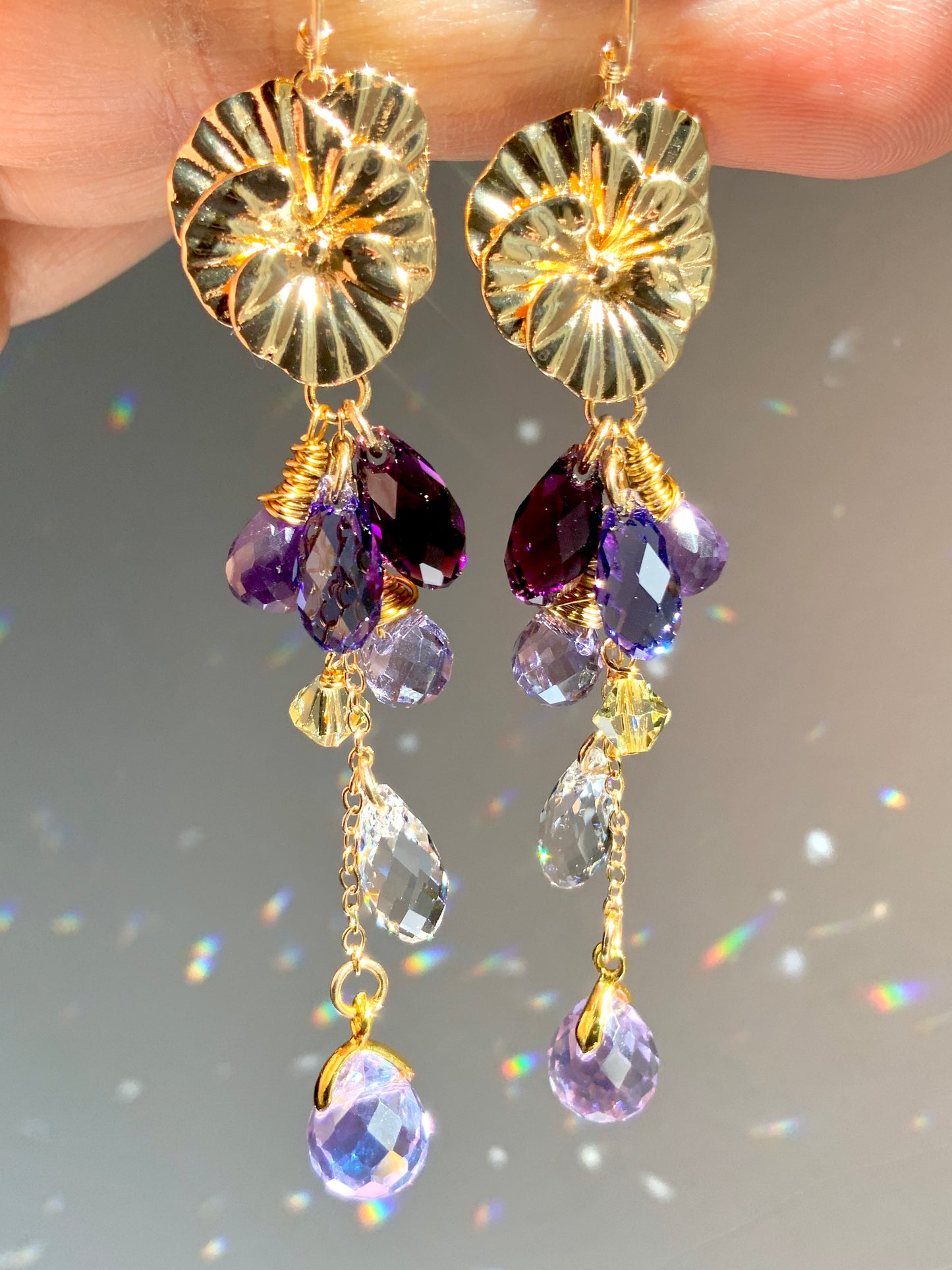 Amethyst Viola / Pansy Waterfall Earrings~ Ombré Purple Lavender Flower Crystal jewelry made of 18k Gold-plated Brass and prisms