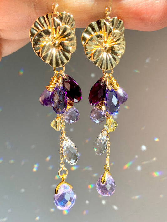 Amethyst Viola / Pansy Waterfall Earrings~ Ombré Purple Lavender Flower Crystal jewelry made of 18k Gold-plated Brass and prisms