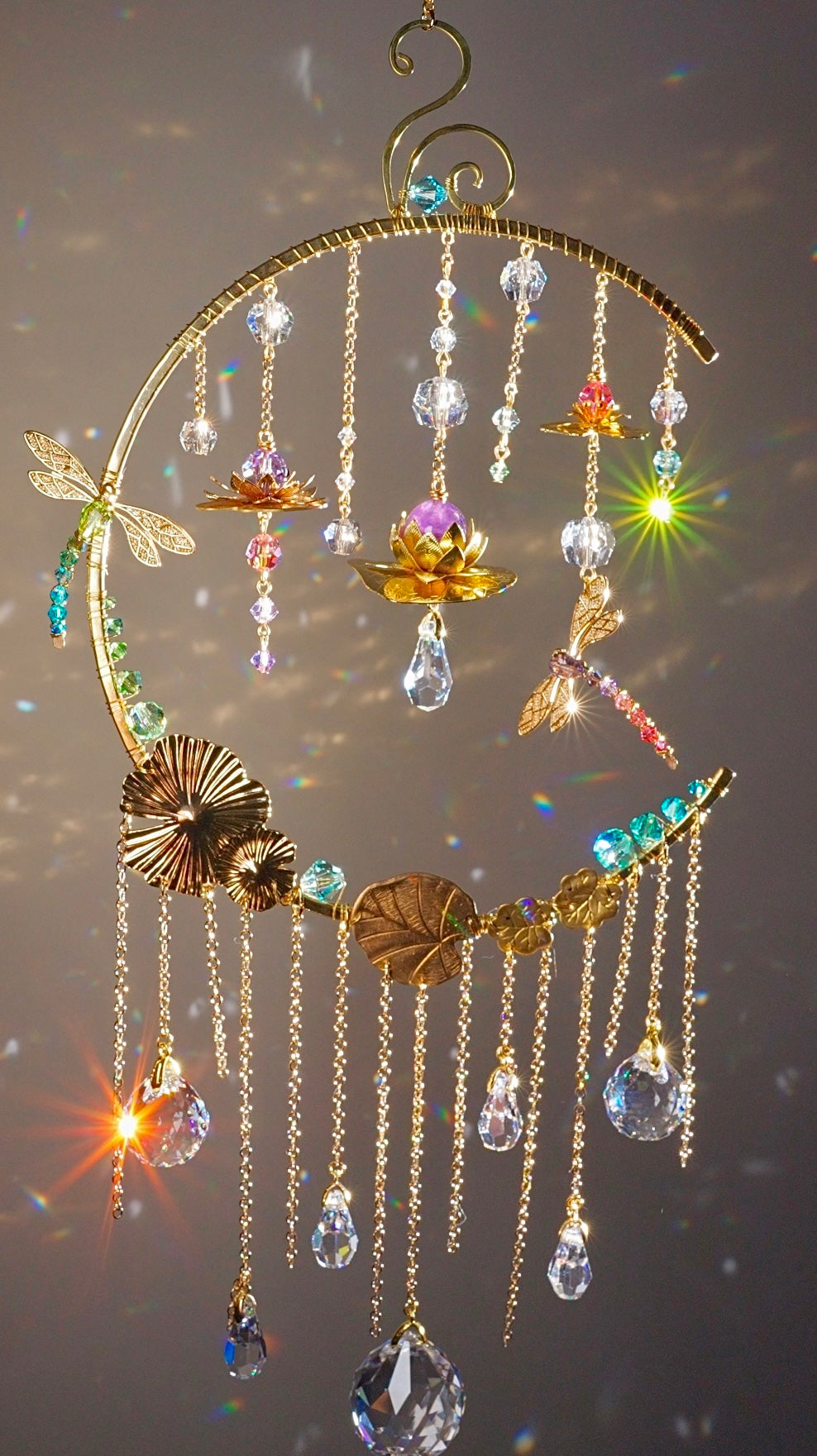 "Water Lily Mist" ~ Dragonfly Lotus Lily Pad Crystal Ball Suncatcher, 18k Gold-Plated Boho Room Decor, July Birthflower
