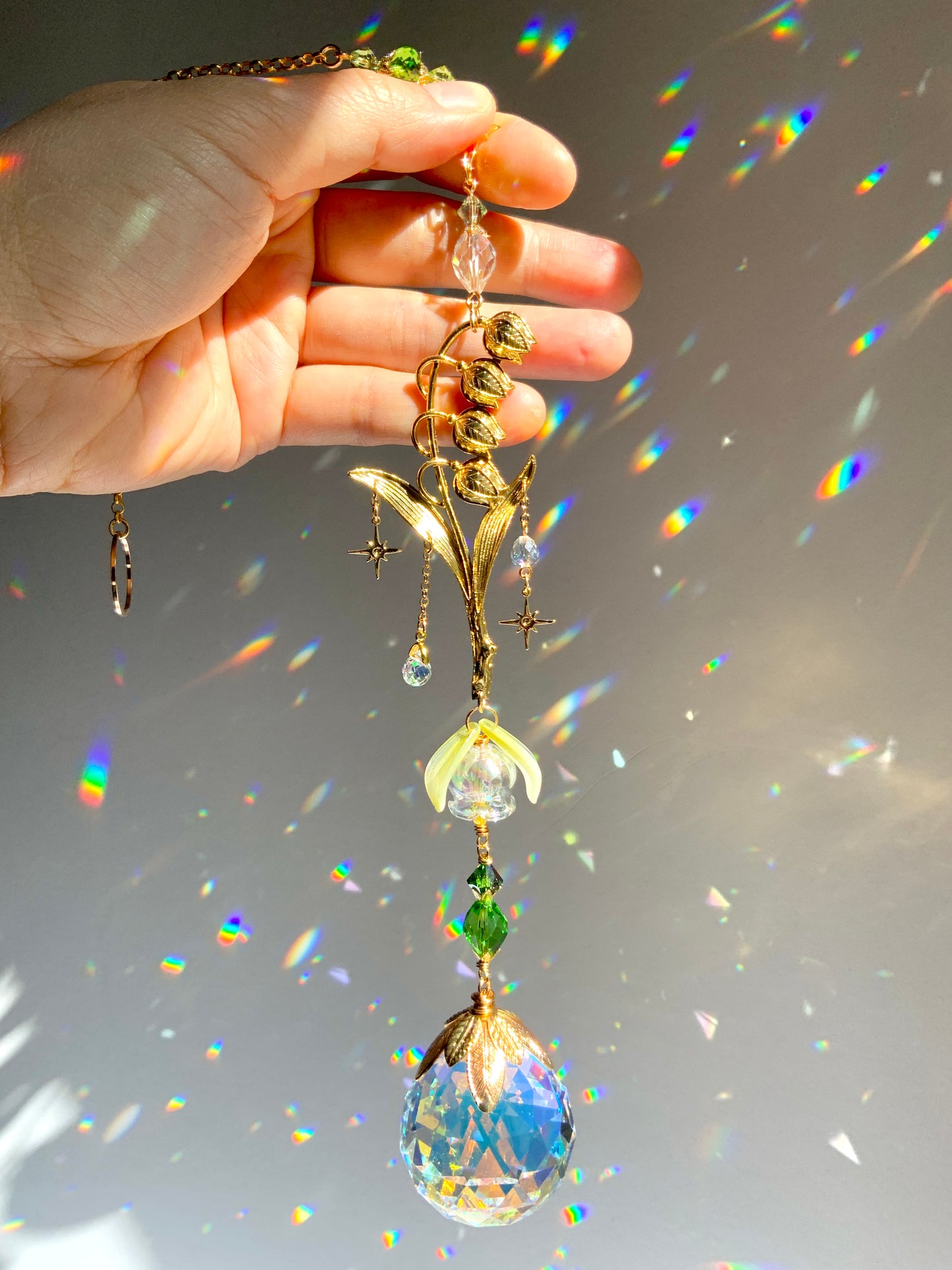 Lily of The Valley Crystal Ball Suncatcher, Gold-Plated May BirthFlower Window Charm with ombré prisms