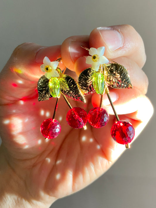 Sparkle Cherry Blossom Earrings~ Mother of Pearl, Crystal Prisms, 18k Gold-Plated Fruit jewelry