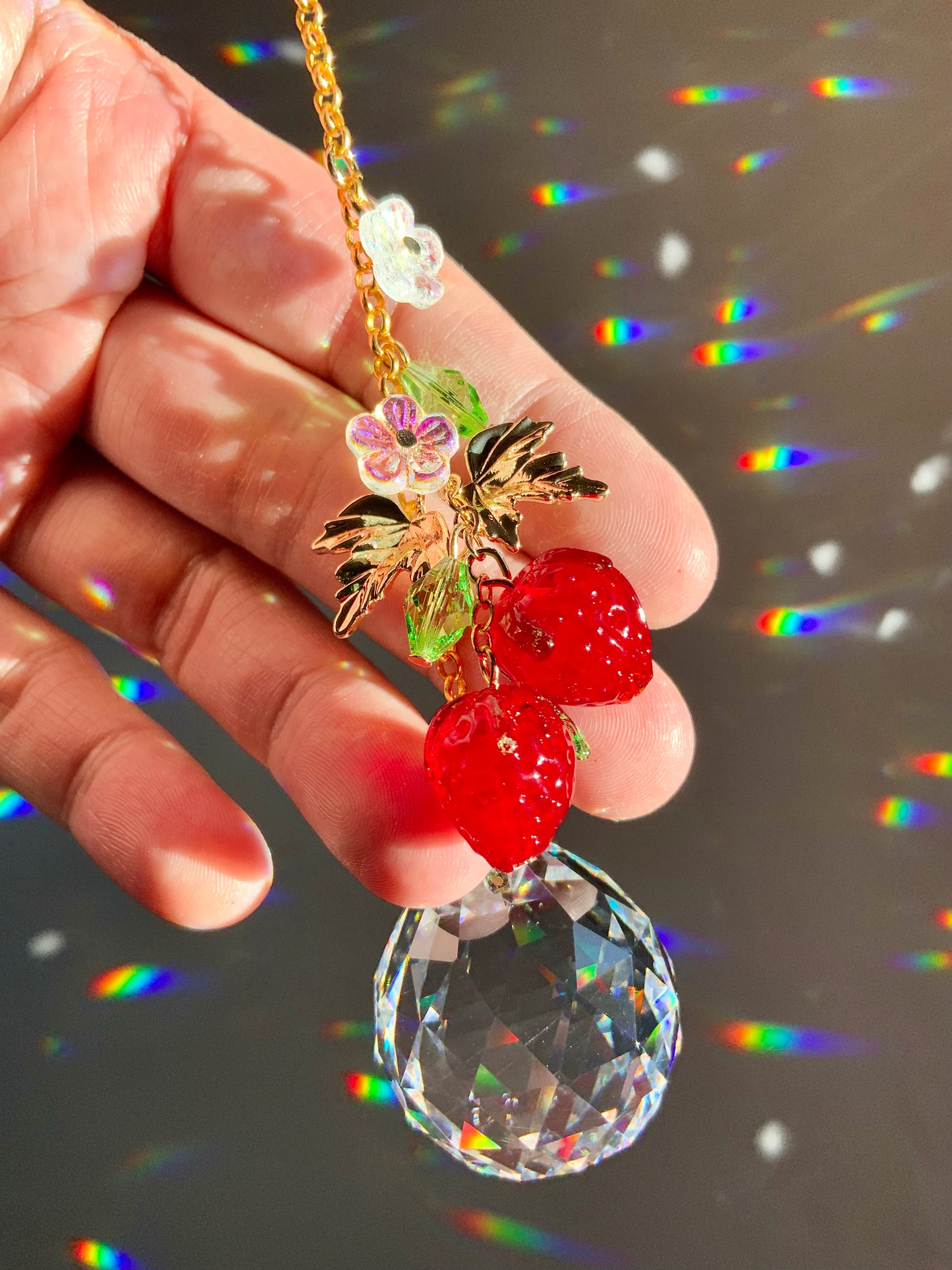 Strawberry Blossom Crystal Car Charm Hanger, 18k Gold-Plated Fruit red berries Suncatcher decor auto decoration accessories